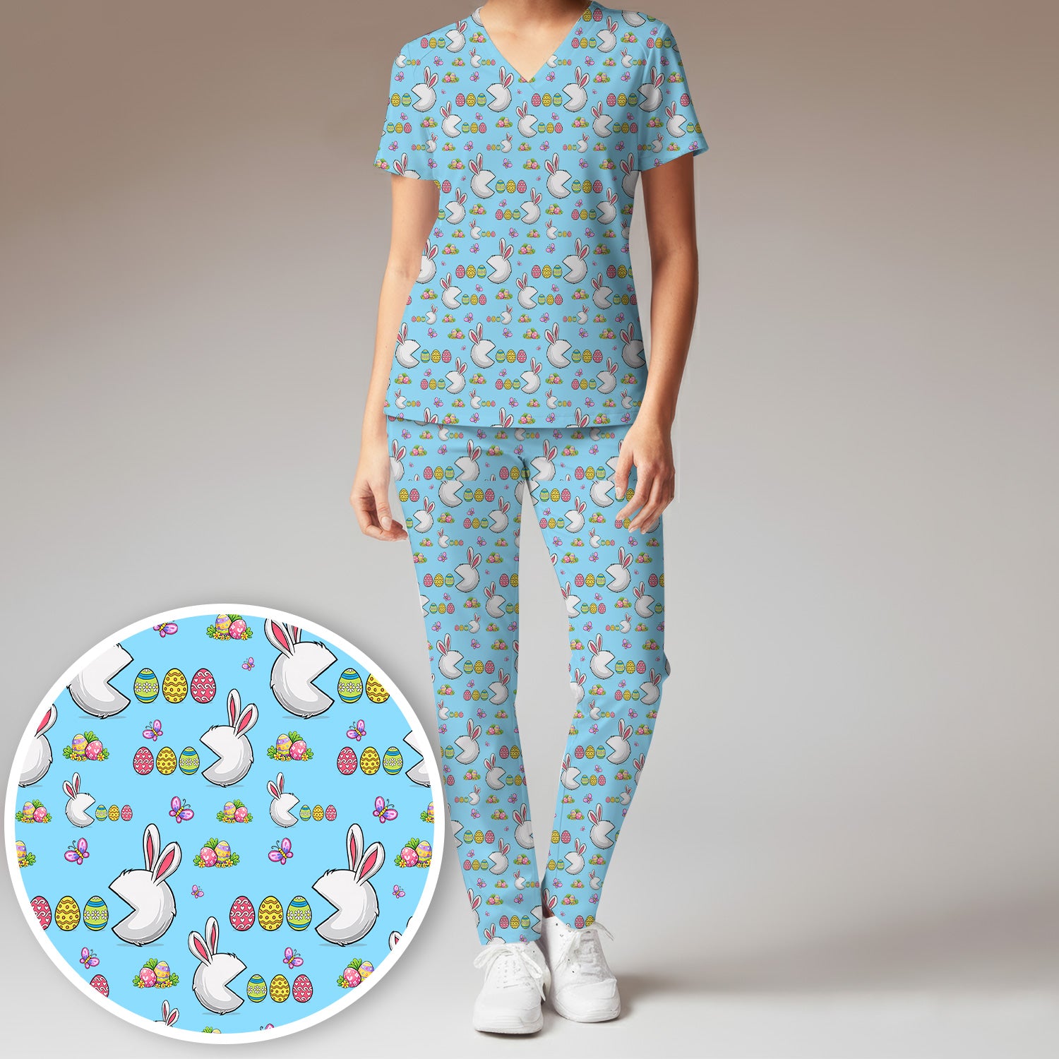 Easter Bunny and Colorful Eggs Print Scrub Set, Breathable Med Uniform