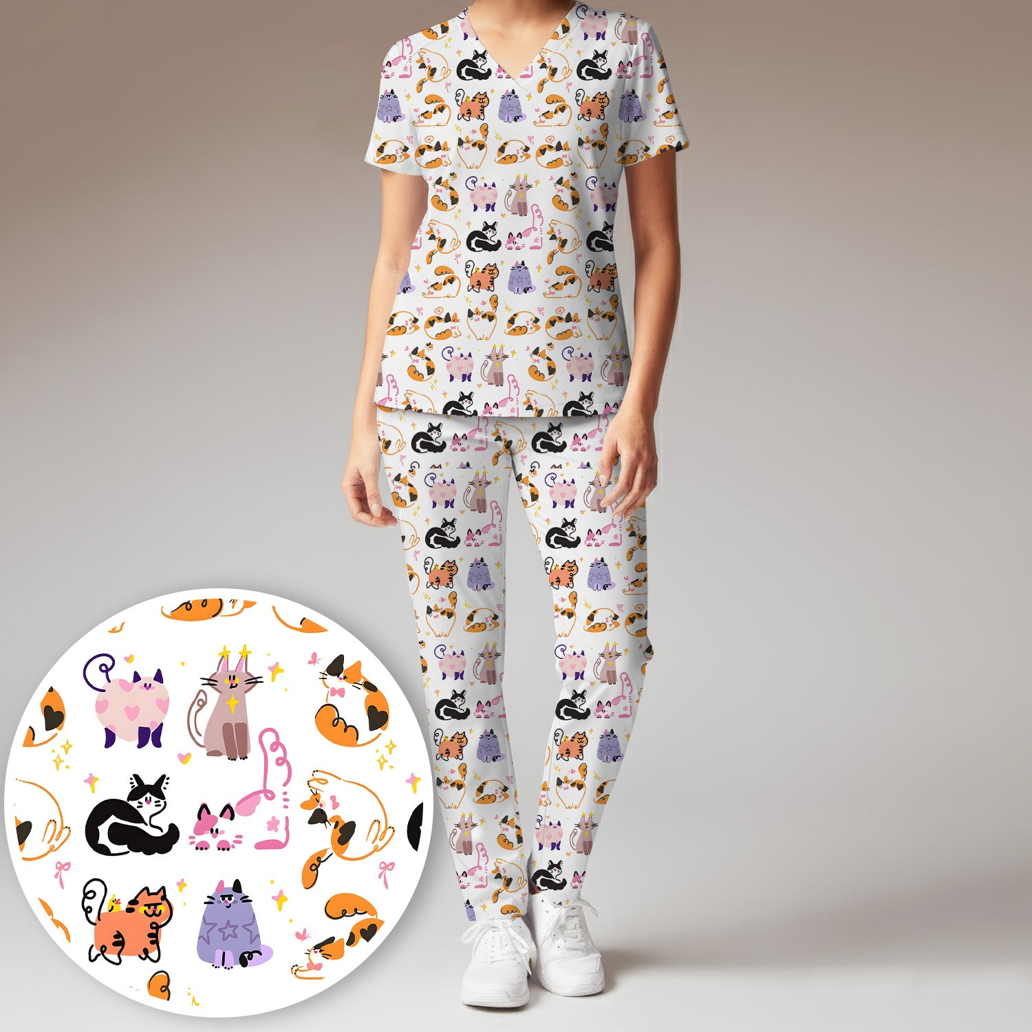 Funny Cat Pattern Scrub Set, Cute Cats Nursing Uniform For Women