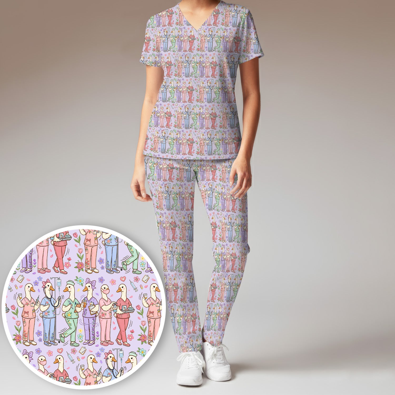 Goose Characters Floral Medical Team Uniform Pattern Scrub Set, Breathable Med Uniform