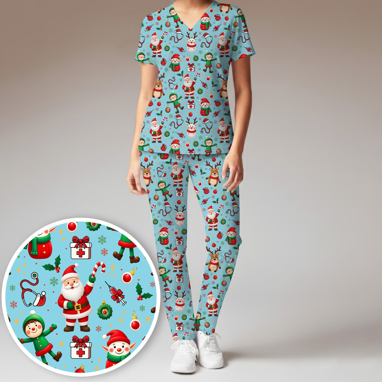 Santa Christmas Scrub Set - Cute Reindeer Scrubs Pants and V Neck Top - Festive Holiday Med Uniform for Women