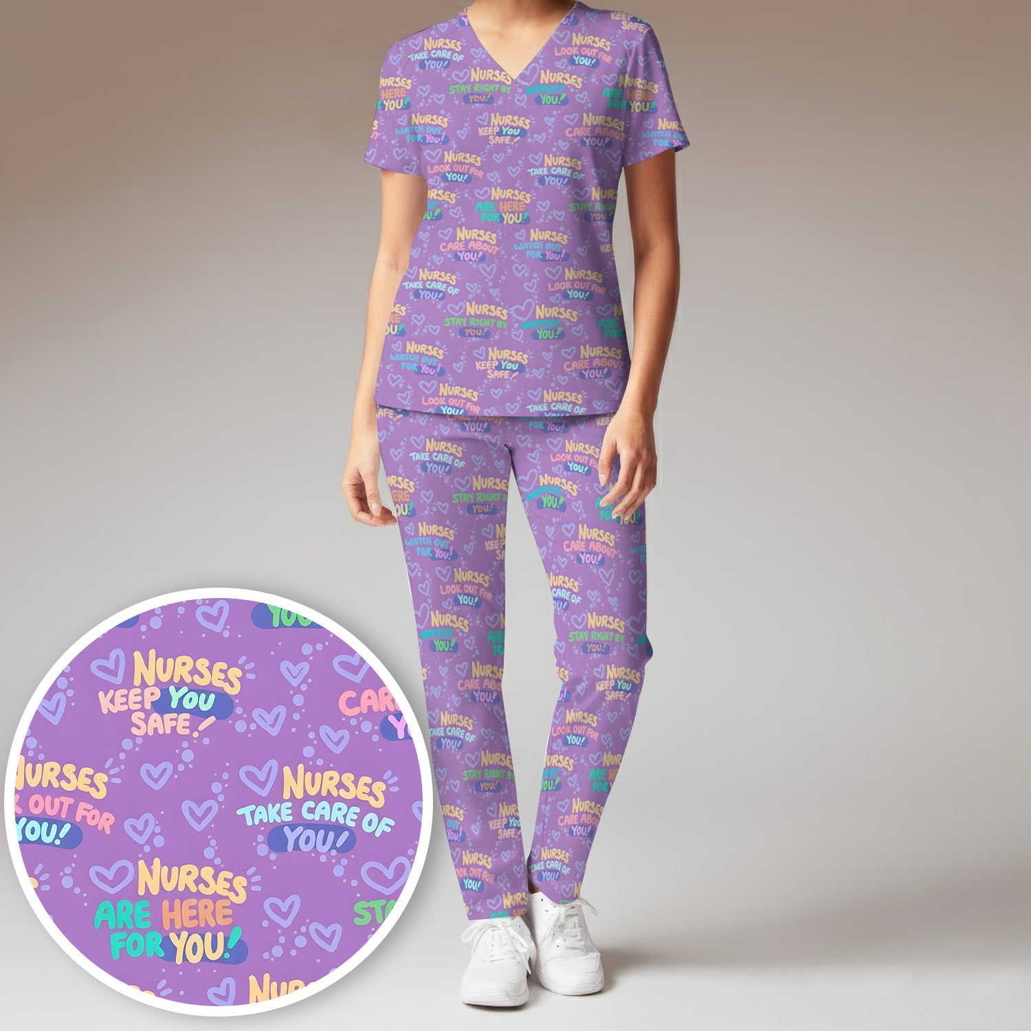 Inspirational Nurse Quote Care Message Pattern Scrub Set, Scrub Pants and V Neck Top