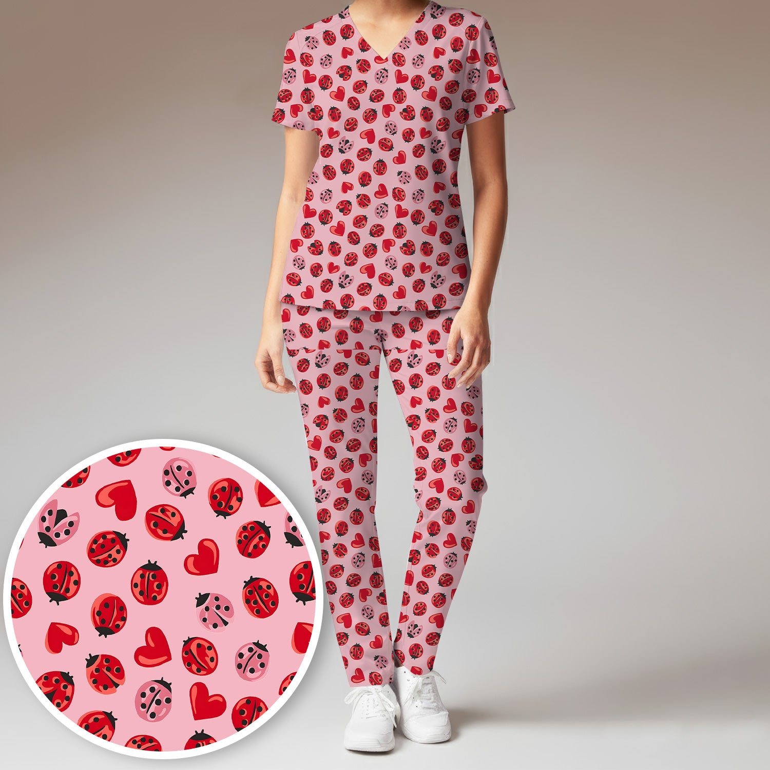 Cute Ladybug and Red Heart All Over Print Set, Women's Scrub Sets