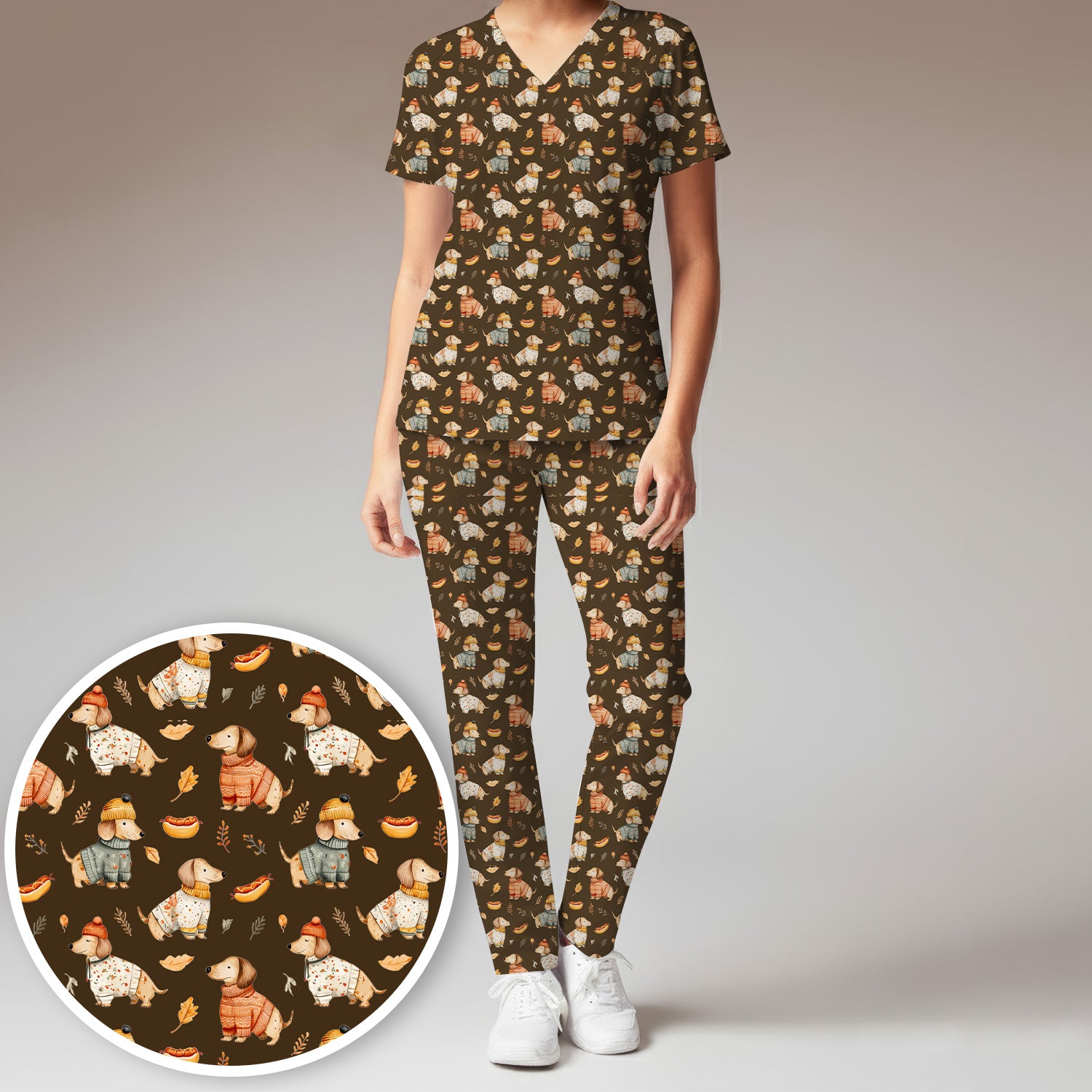 Autumn Dachshund Dog Sweater Print Scrub Set, Breathable Med Uniform