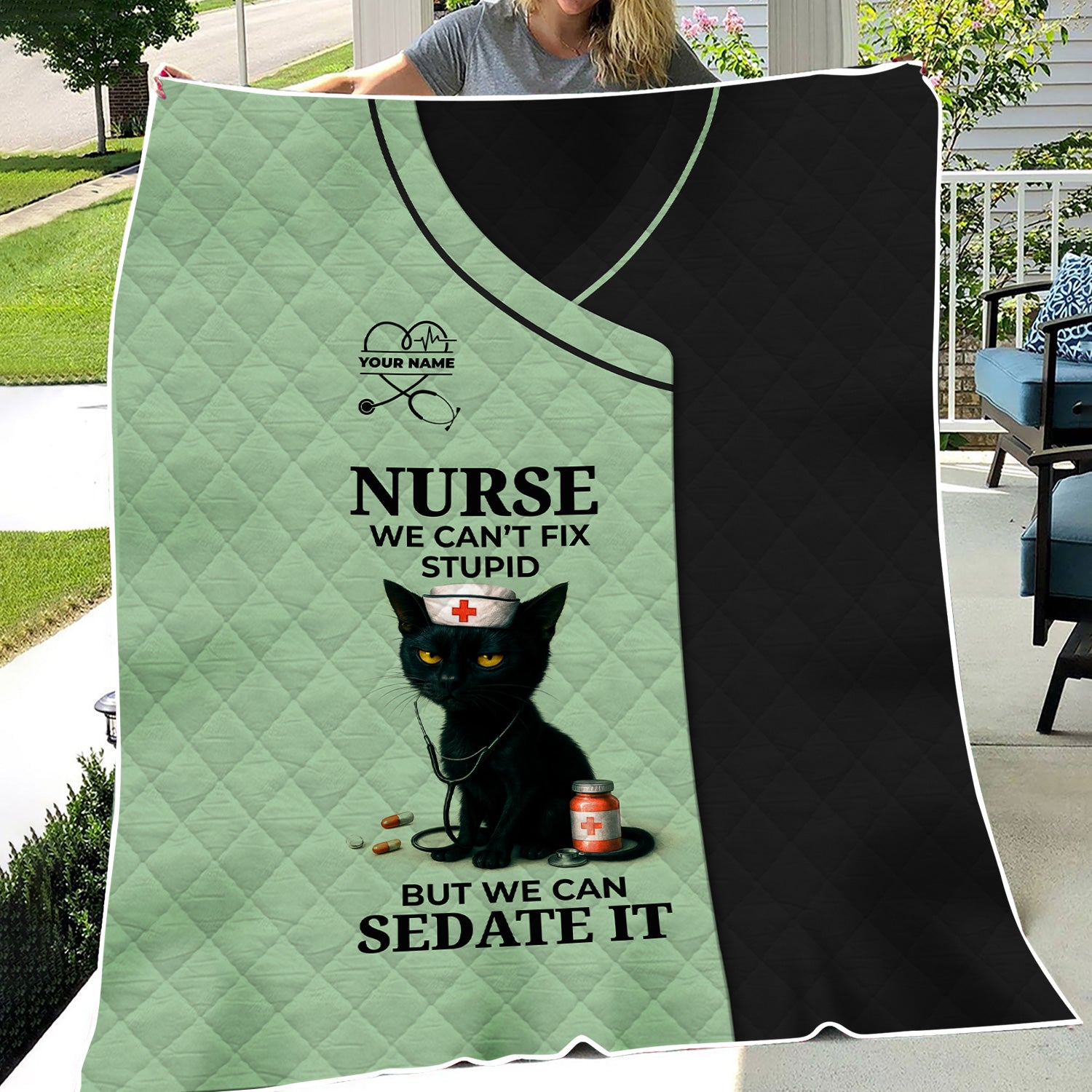 Personalized Funny Nurse Black Cat Blanket - Multiple Color Options Available - Custom Name Gift for RN CNA LPN Healthcare Workers