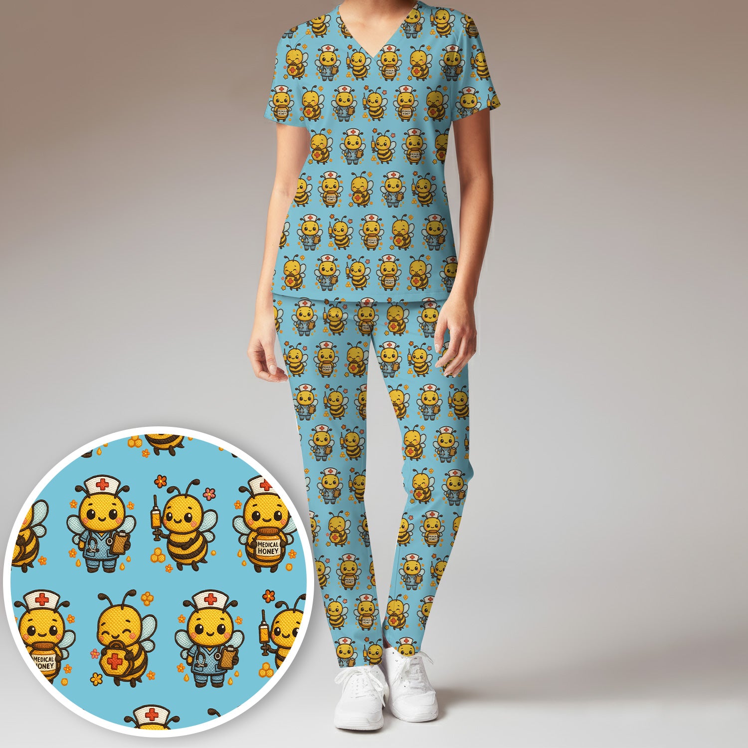 Cute Nurse Bee Scrub Set, Kawaii Medical Honey Bee Pattern Shirt for Nursing Professionals