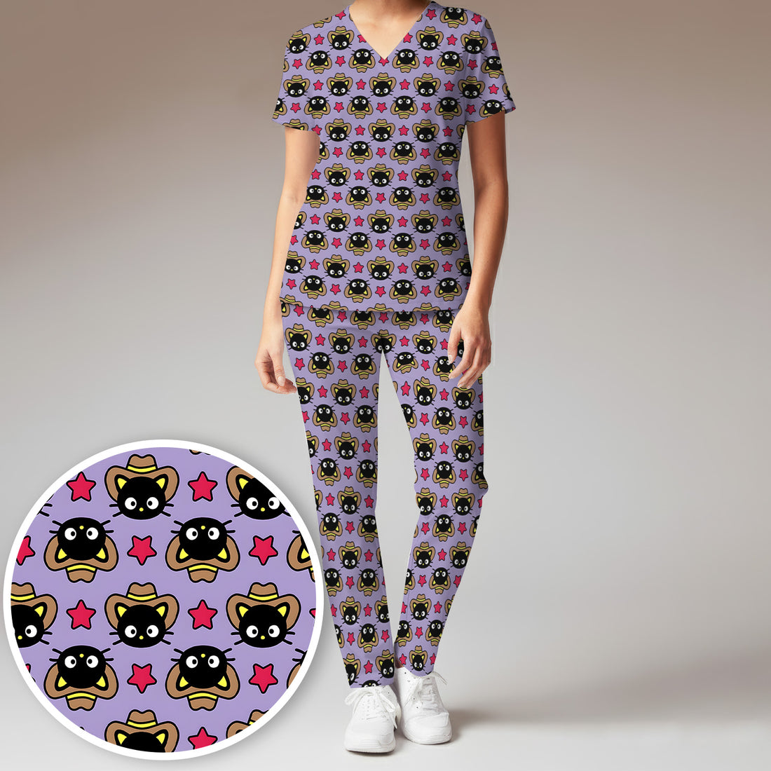 Cute Cartoon Cowboy Cat Pattern Scrub Set, Scrub Pants and V Neck Top