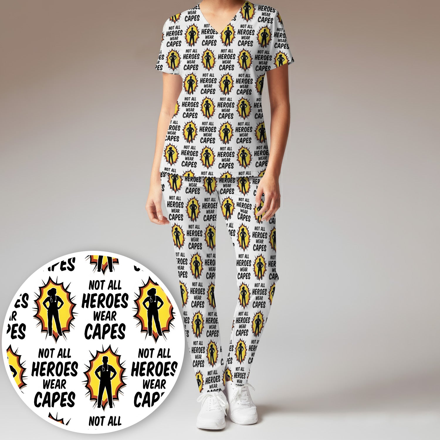 Not All Heroes Wear Capes Nurse Pattern Scrub Set, Scrub Pants and V Neck Top
