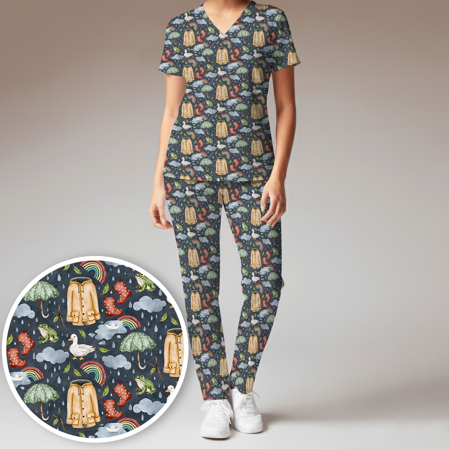 Cute Rainy Day Ducks & Frog Rainbow Pattern Scrub Set, Scrub Pants and V Neck Top