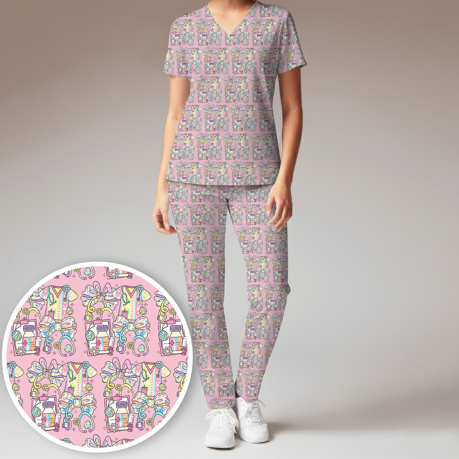 Colorful Nurse Scrub Supplies Pattern Scrub Set, Scrub Pants and V Neck Top