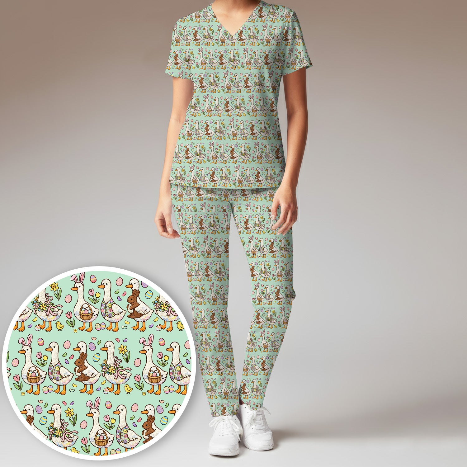 Easter Theme Duck and Bunny Egg Floral Print Scrub Set, Breathable Med Uniform