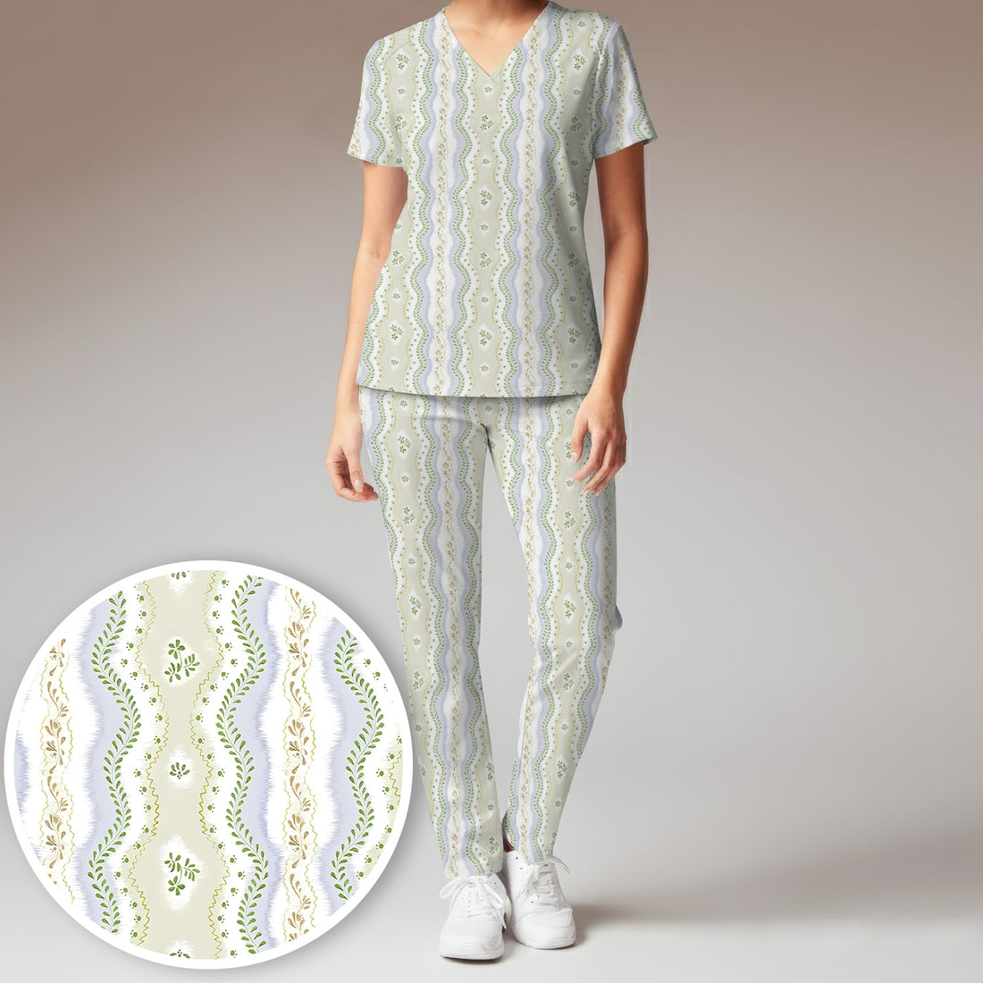 Wavy Stripe Botanical Pattern Scrub Set, Scrub Pants and V Neck Top