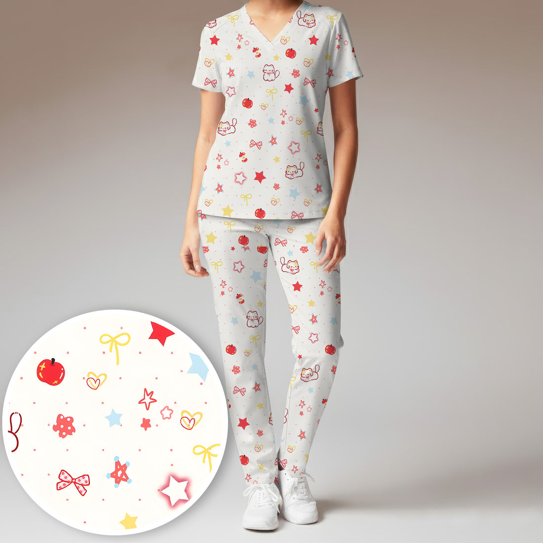 Cute Kawaii Cat Bow Star Pattern Scrub Set, Scrub Pants and V Neck Top