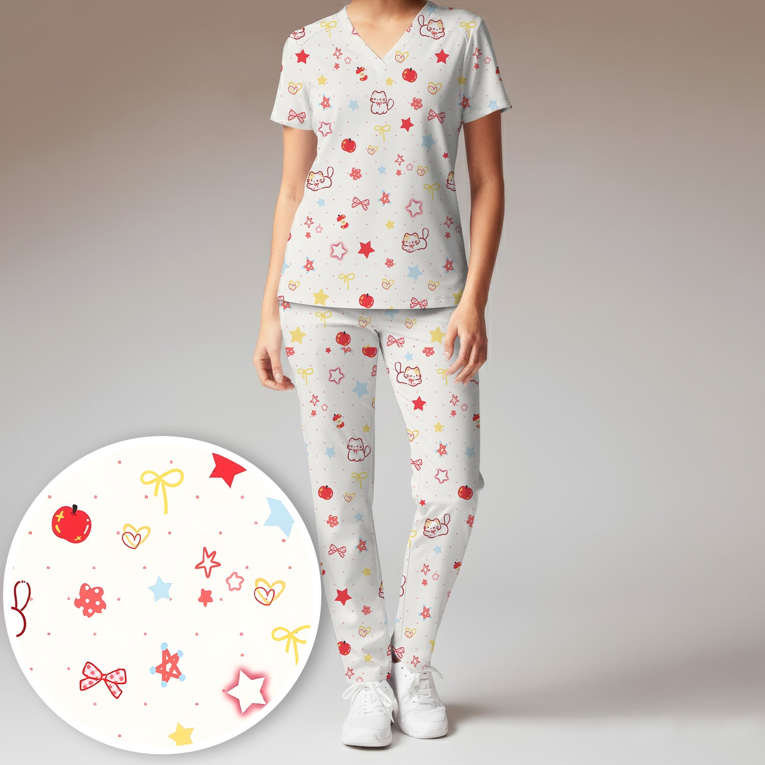 Cute Kawaii Cat Bow Star Pattern Scrub Set, Scrub Pants and V Neck Top
