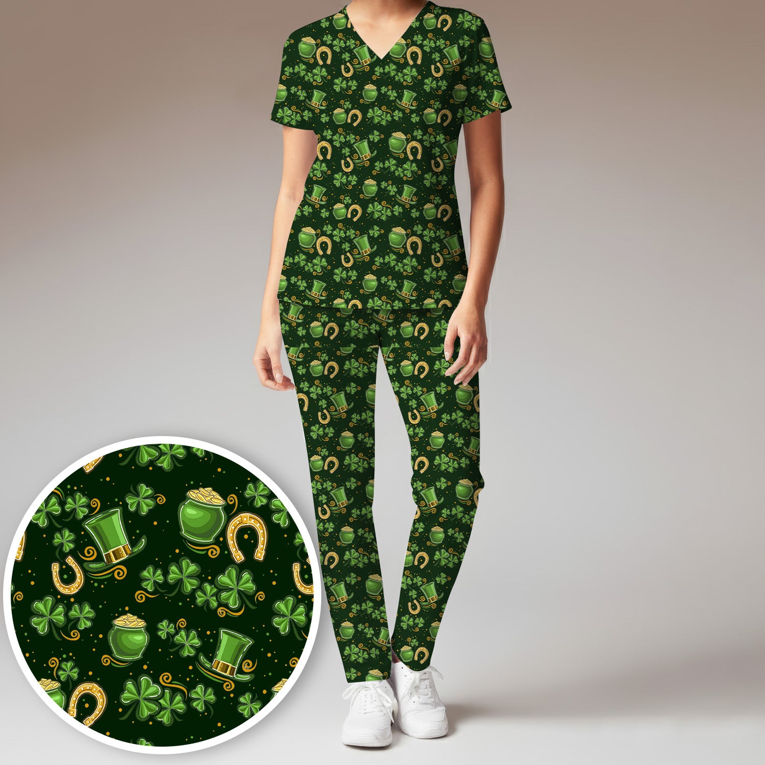 St. Patrick Shamrock Print Scrub Set, Scrub Pants and V Neck Top