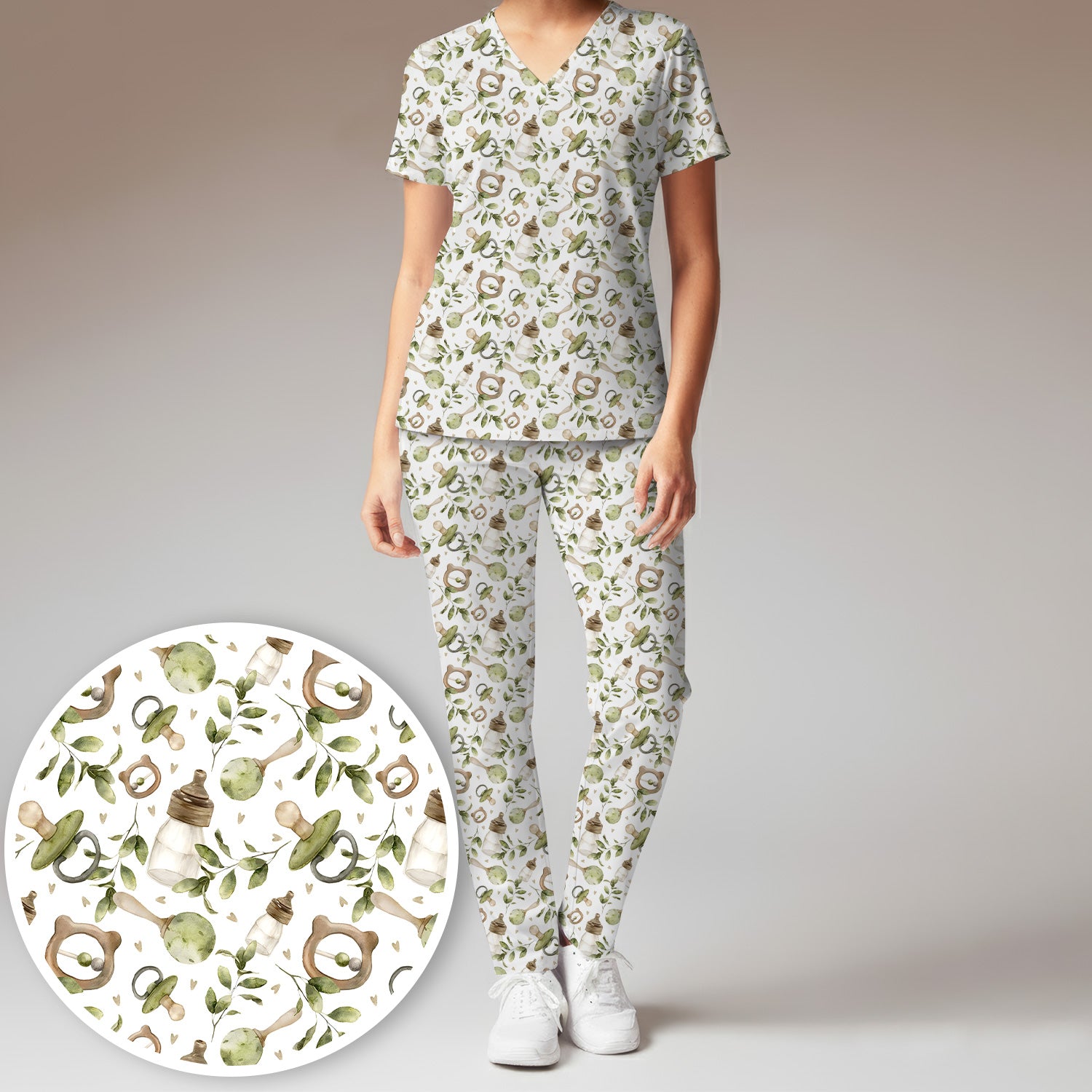 Cute Baby Bottle and Greenery Pattern Scrub Set, Breathable Med Uniform