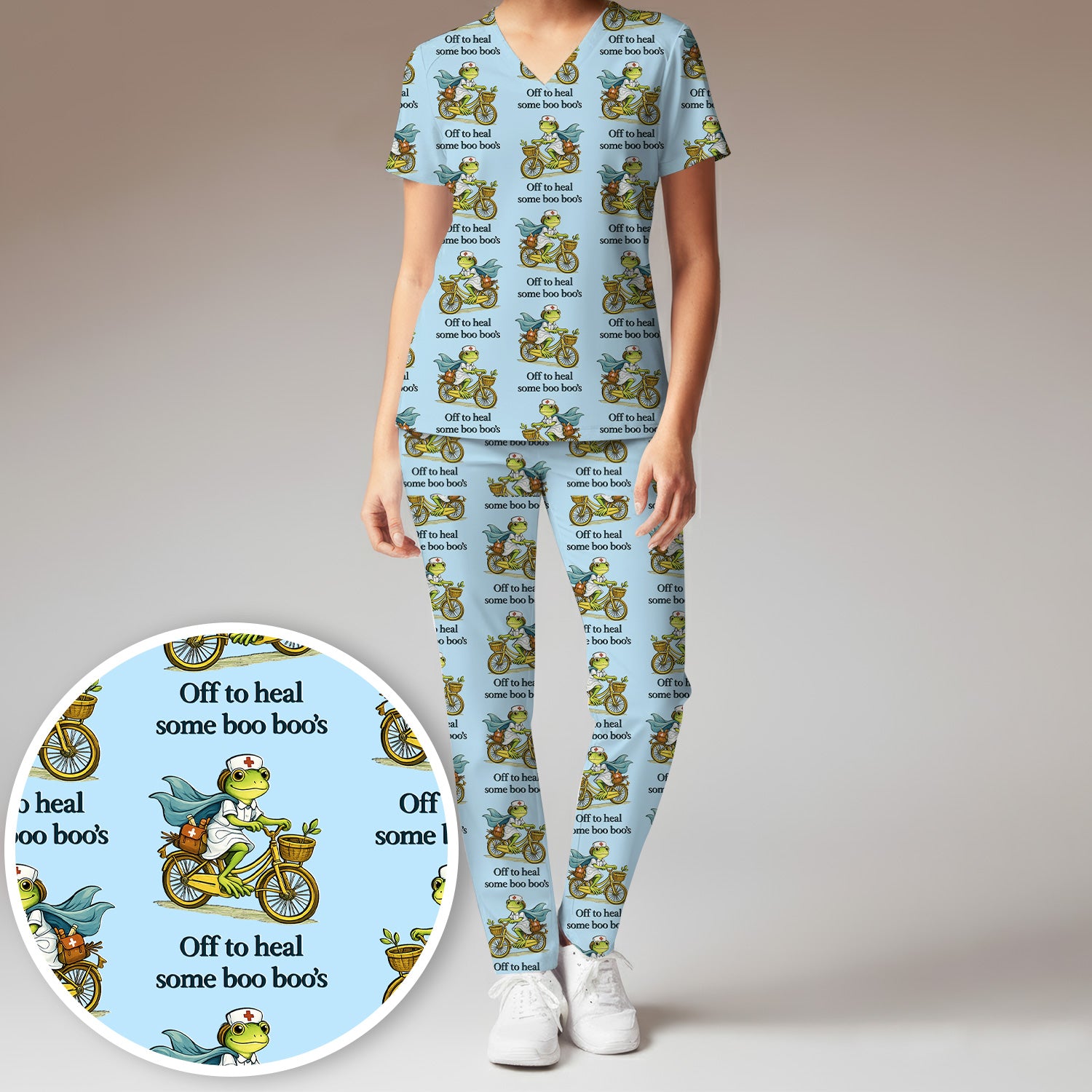 Funny Frog Nurse Cycling Pattern Scrub Set, Scrubs Pants and V Neck Top