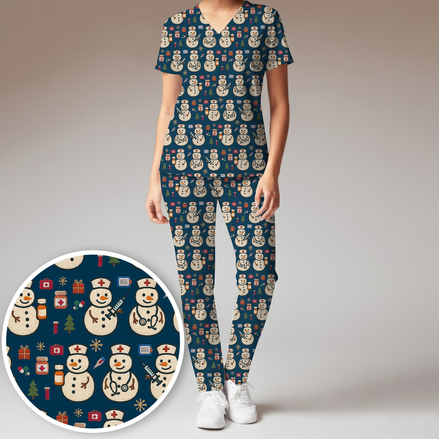 Snowman Nurse Christmas Scrub Set – Festive Medical Pattern Shirt – Cute Holiday Uniform For Nursing