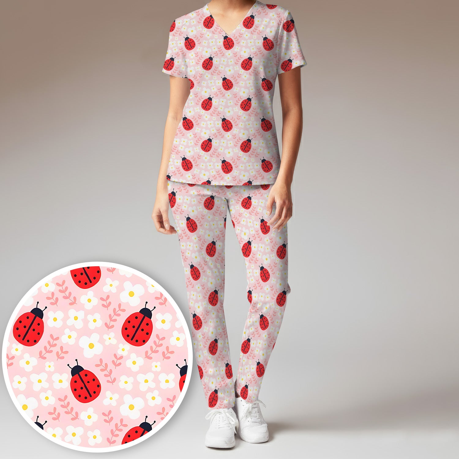 Cute Ladybug Blossom Print Scrub Set, Scrub Pants and V Neck Top