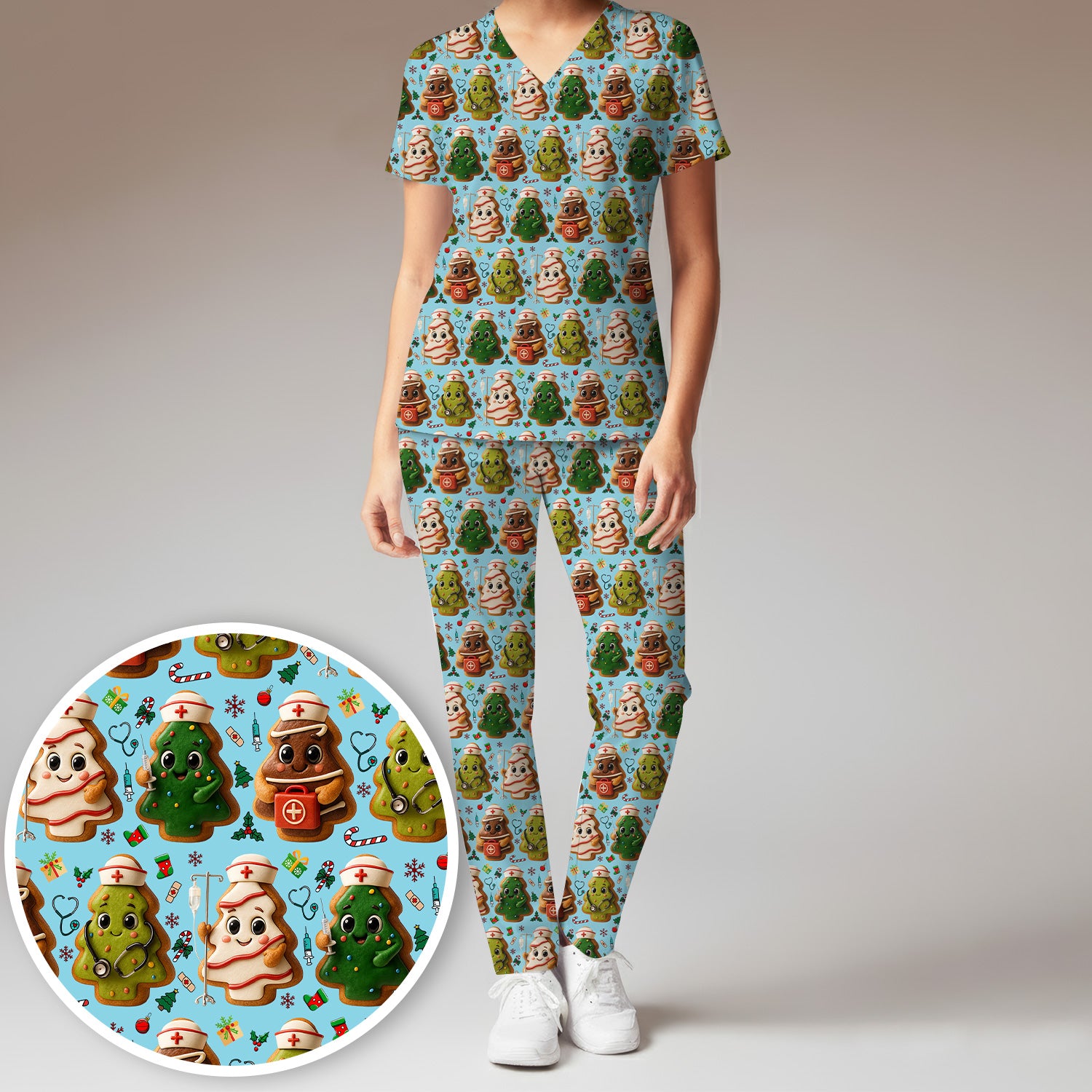 Christmas Cookie Scrub Set – Festive Nurse & Holiday Tree Pattern – Cute Medical Uniform for Nurses, Vets and Healthcare Workers
