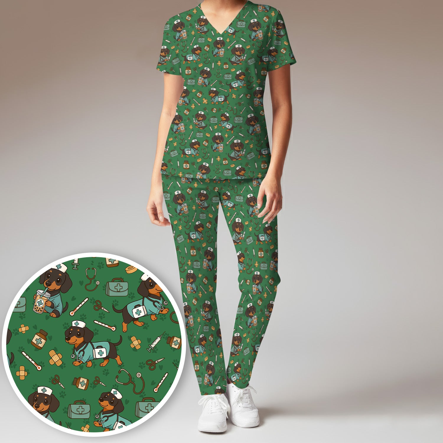 Funny Dachshund Nurse Scrubs Set - Cute Dog Print Medical Shirt - Holiday Nurse Scrub Top Gift for RN CNA Doctor, Women & Men