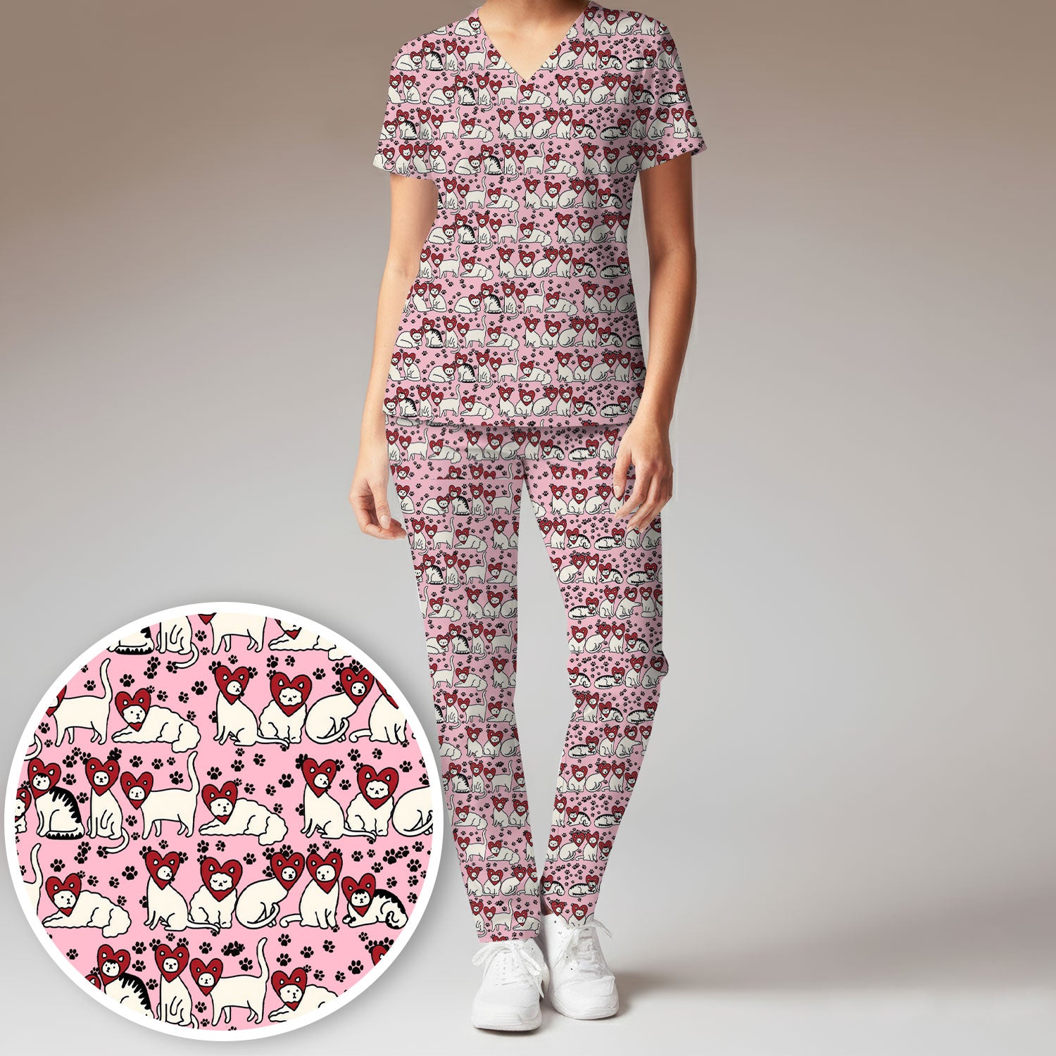 Cute Cat Heart Pattern Scrub Set, Funny Cat Scrub Shirt For Nurses, Breathable Fabrics Nursing Uniform