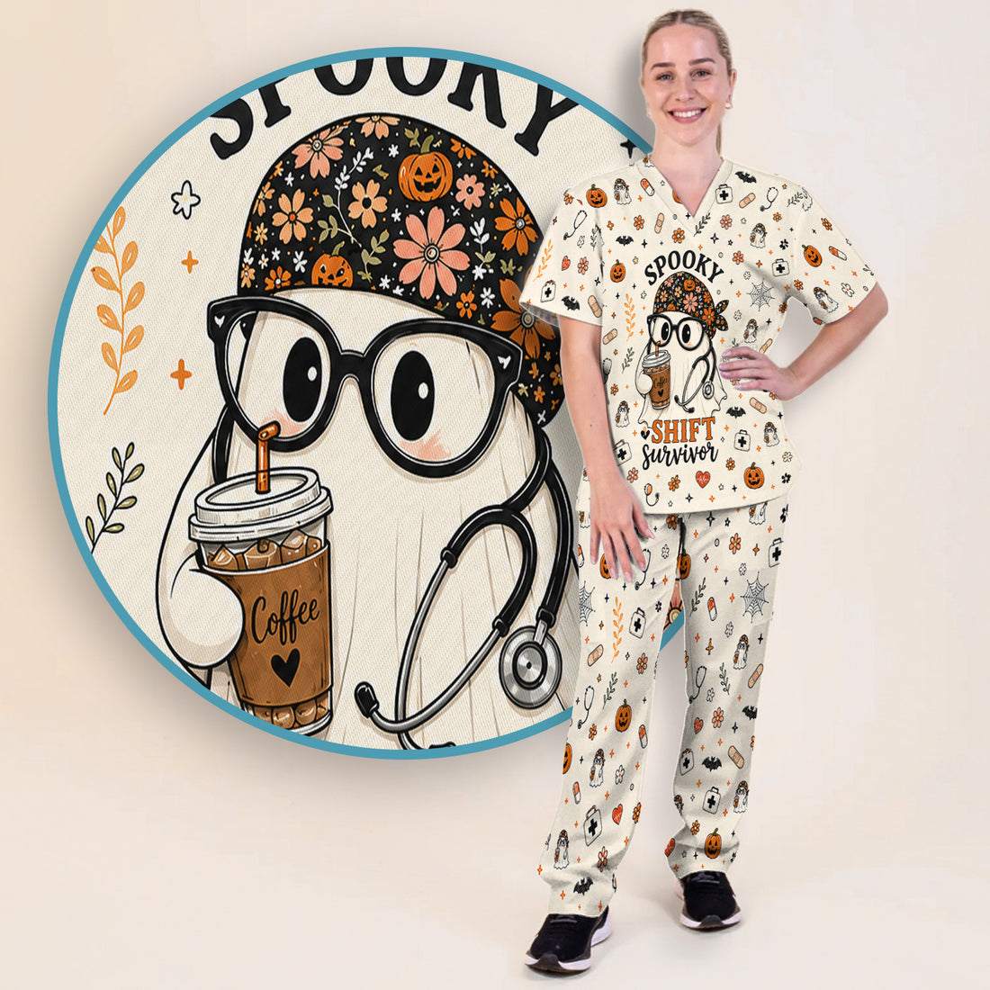 Halloween Shift Survivor Ghost Scrub Set, Scrub Pants and V Neck Top