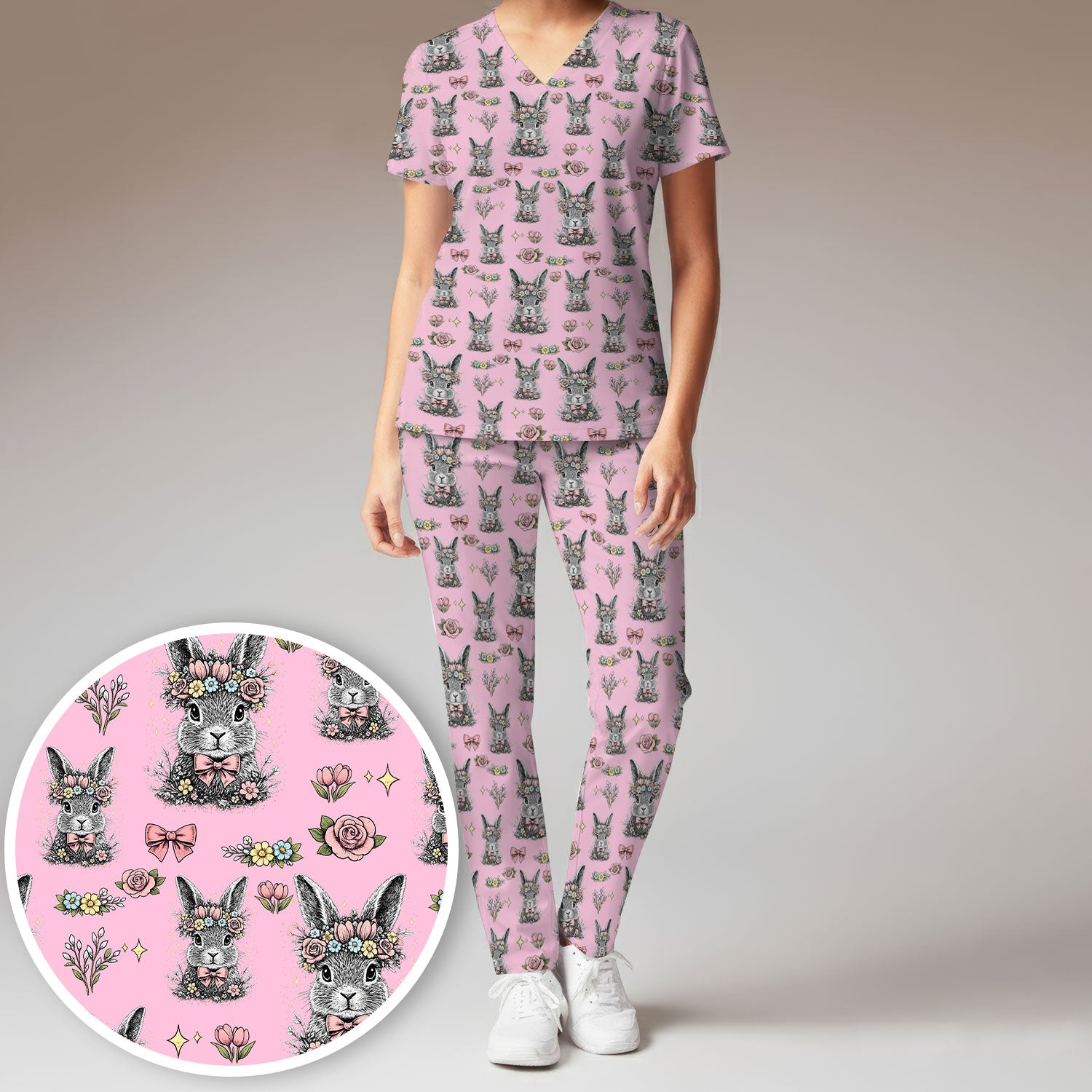 Vintage Floral Bunny Print Scrub Set, Scrub Pants and V Neck Top