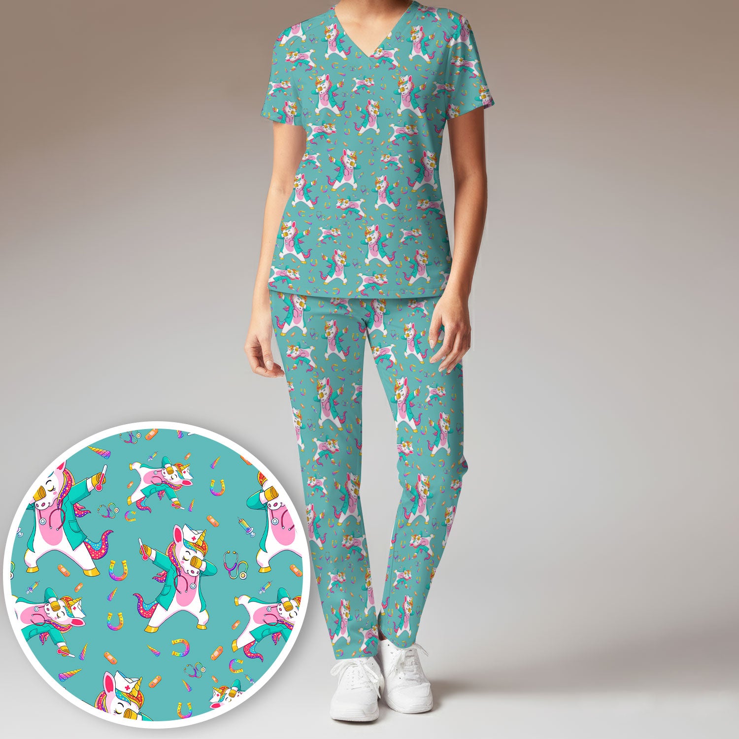 Cute Unicorn Nurse Dance Pattern Women's Sets, Scrub Pants and V Neck Top