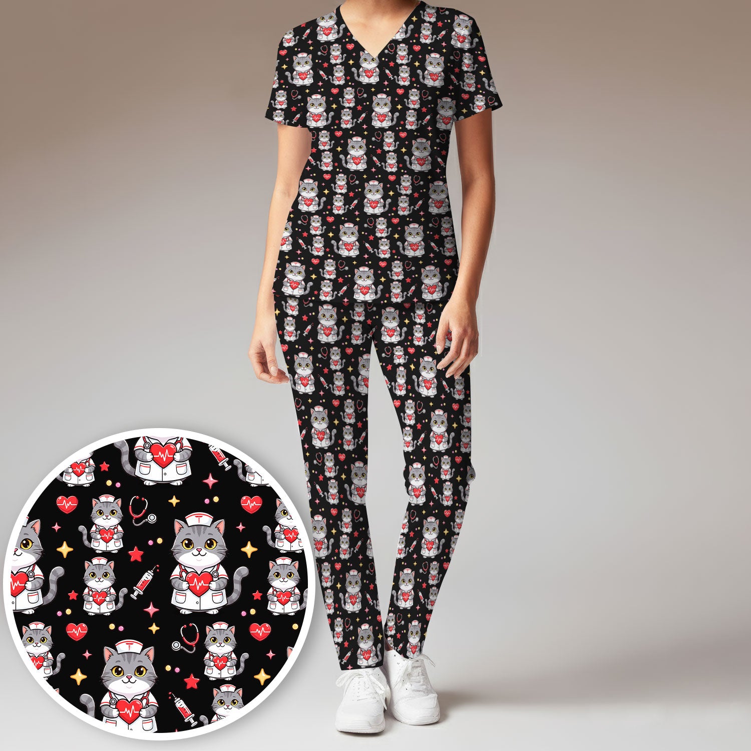 Cute Nurse Cat Heart Medical Print Scrub Set, Scrub Pants and V Neck Top