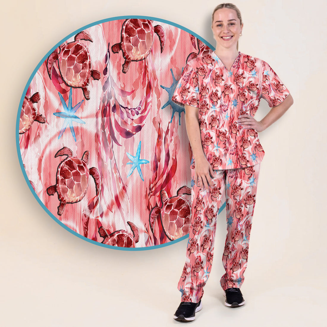 Pink Sea Turtle Ocean Pattern Scrub Set, Scrub Pants and V Neck Top