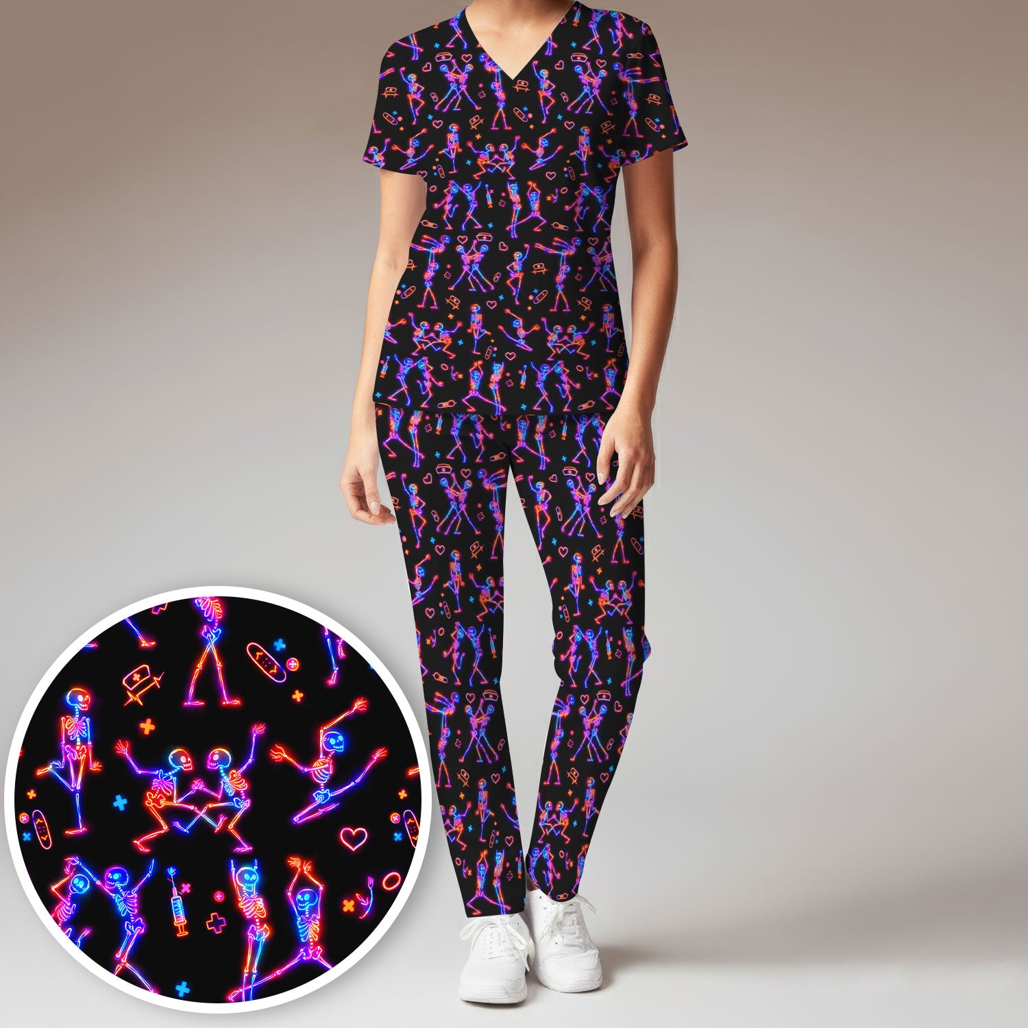 Neon Dancing Skeleton Medical Pattern Set, Scrub Pants and V Neck Top