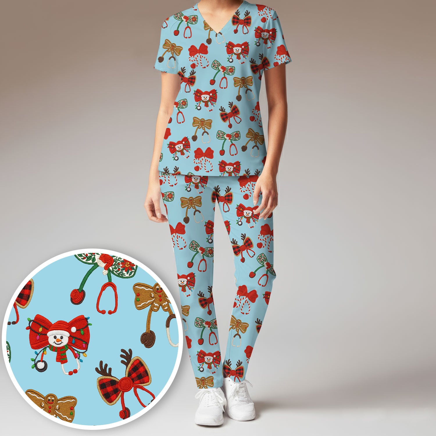 Christmas Stethoscope Bow Nurse Scrub Set, Xmas Pattern Scrub Shirt, Holiday Nursing Uniform