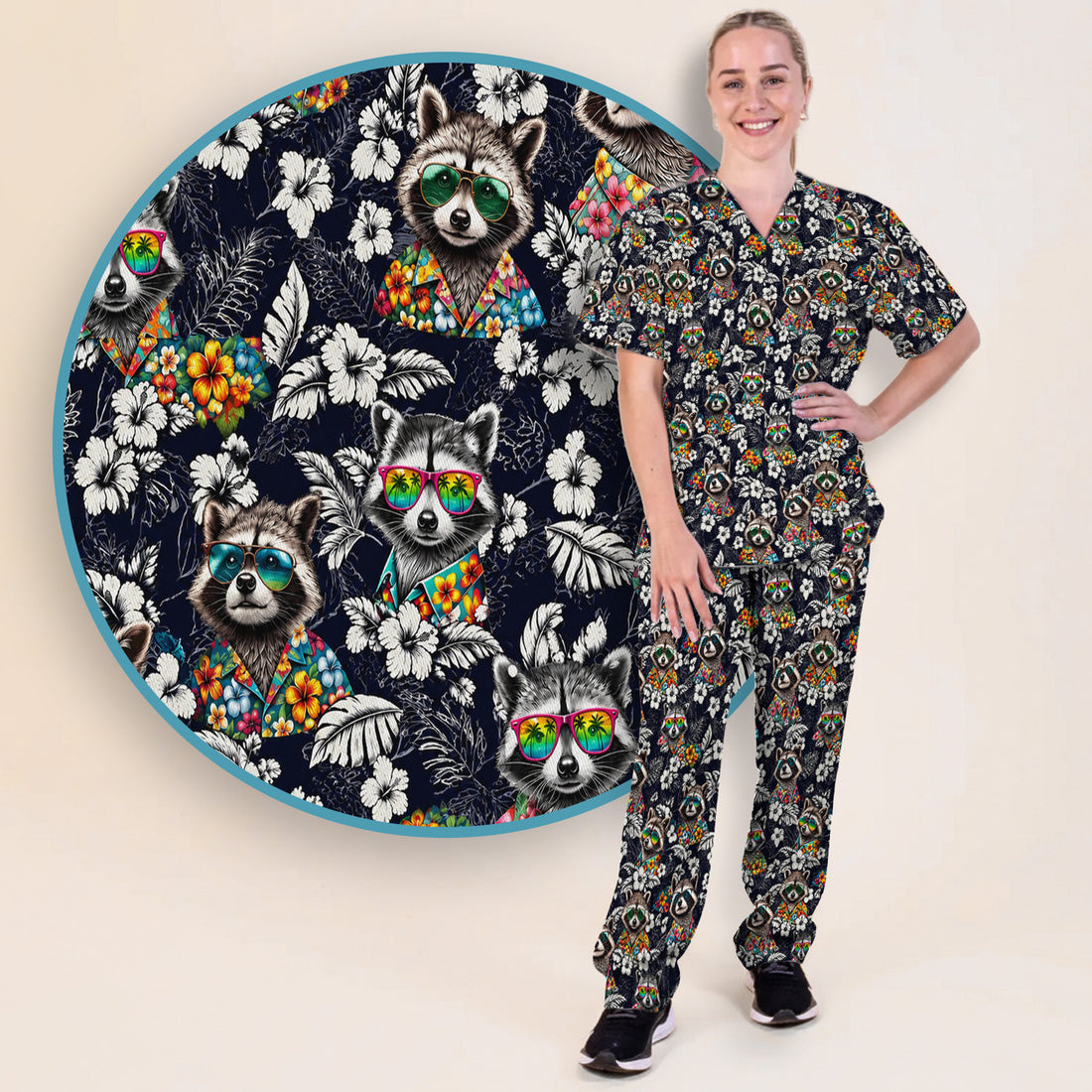 Tropical Raccoon Floral Pattern Scrub Set, Scrub Pants and V Neck Top