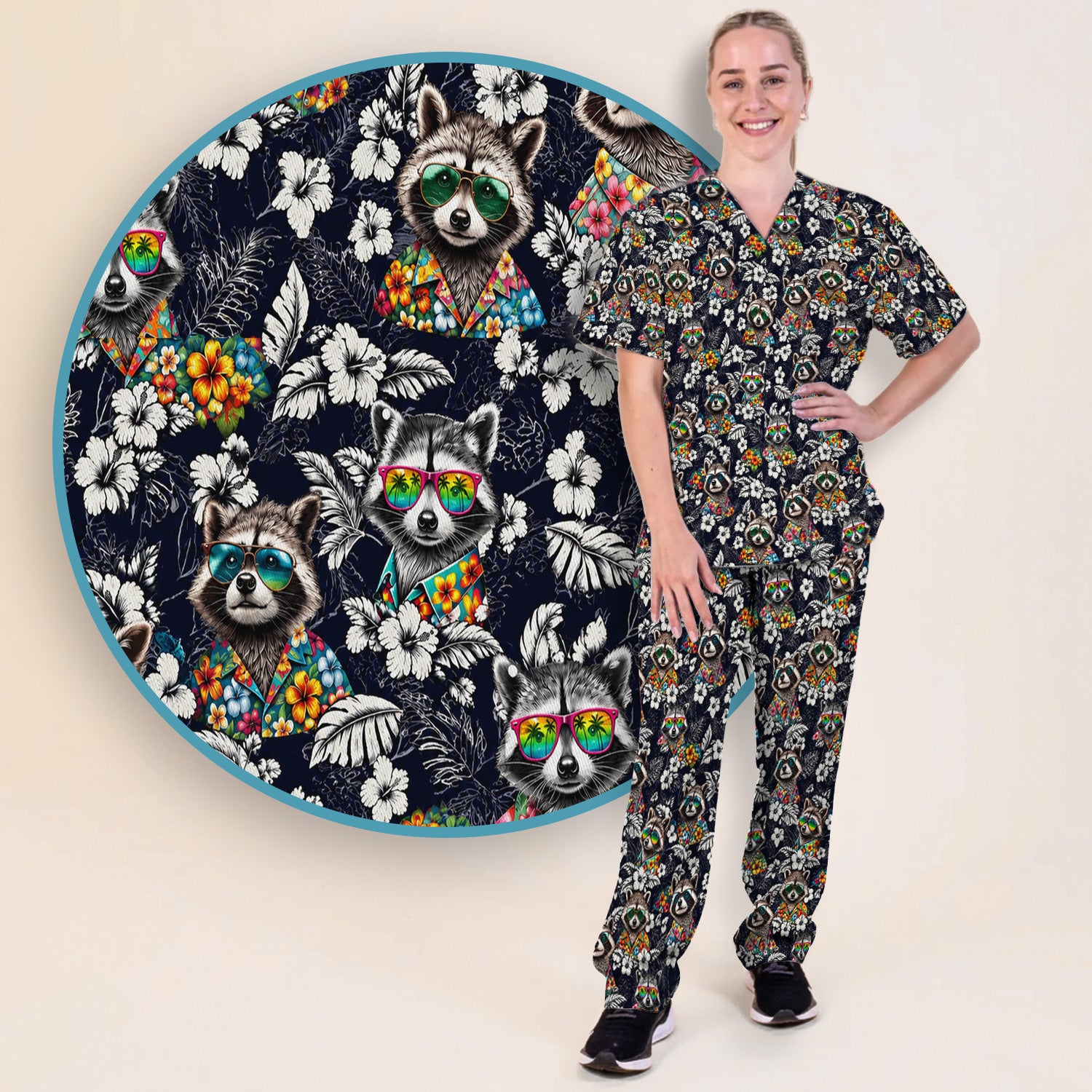 Tropical Raccoon Floral Pattern Scrub Set, Scrub Pants and V Neck Top