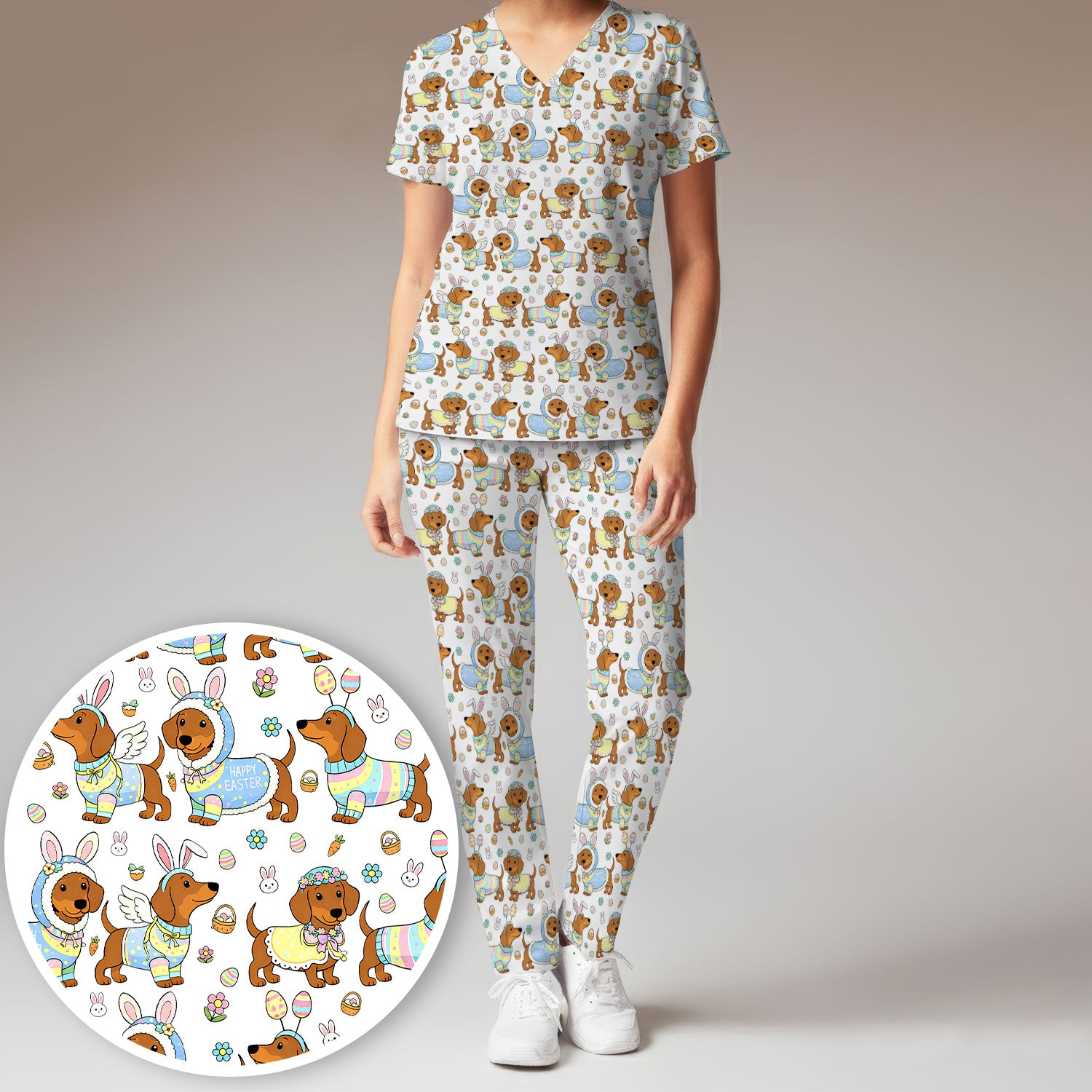 Easter Dachshund Bunny Pattern Scrub Set, Scrub Pants and V Neck Top