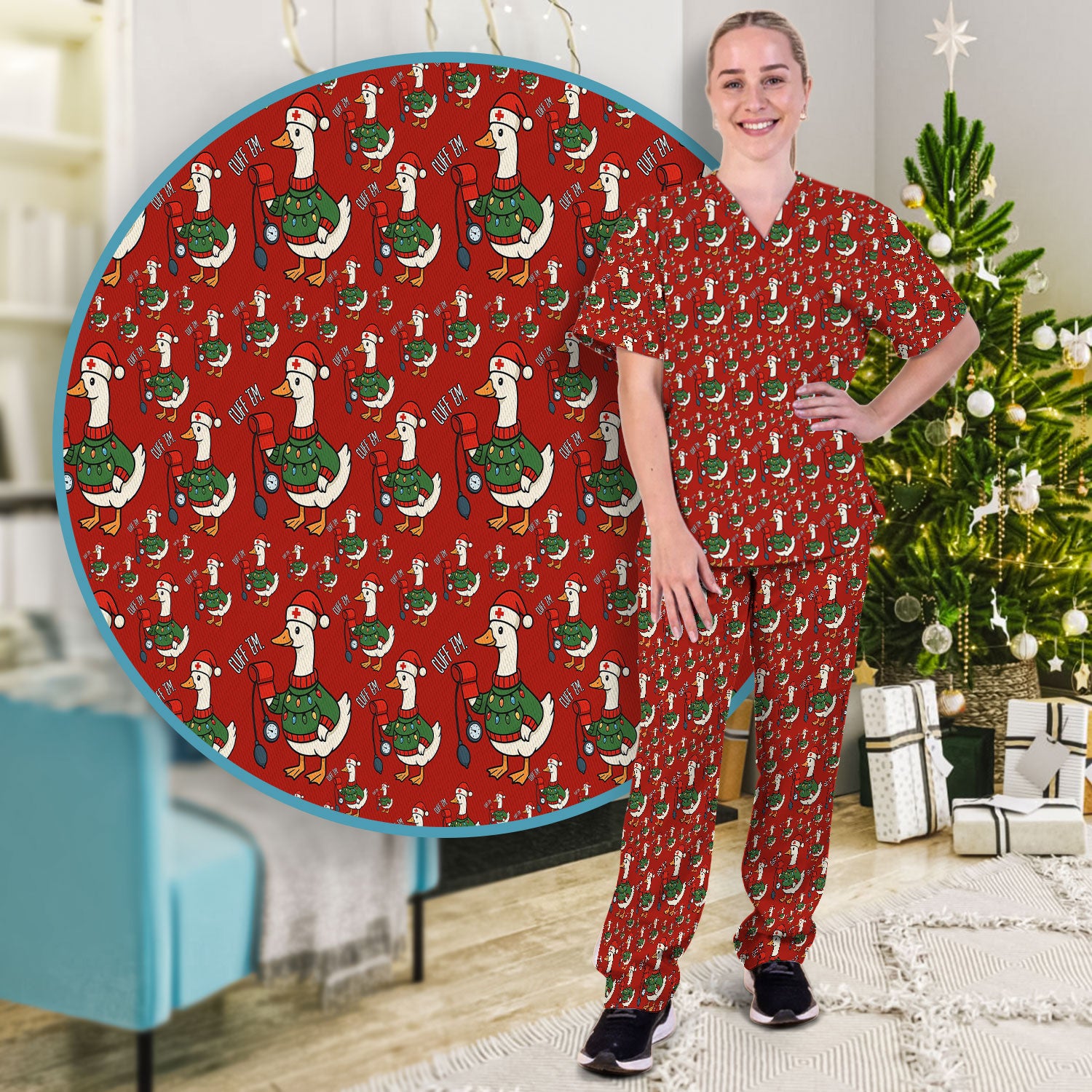 Nurse Christmas Duck Scrub Set, Cute Goose Pattern Scrub Uniform, RN LPN CNA Nursing Uniform