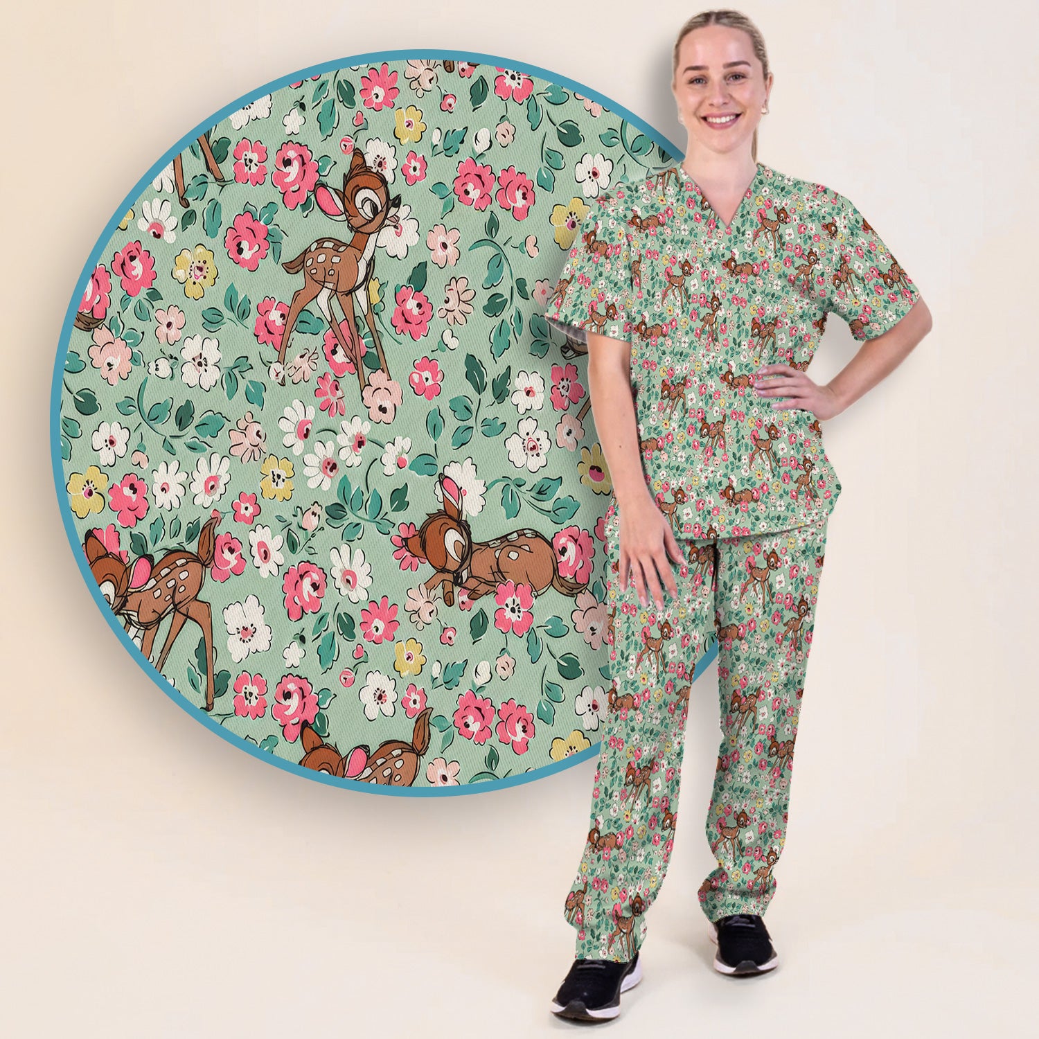 Cute Baby Deer Floral Pattern Scrub Set, Scrub Pants and V Neck Top
