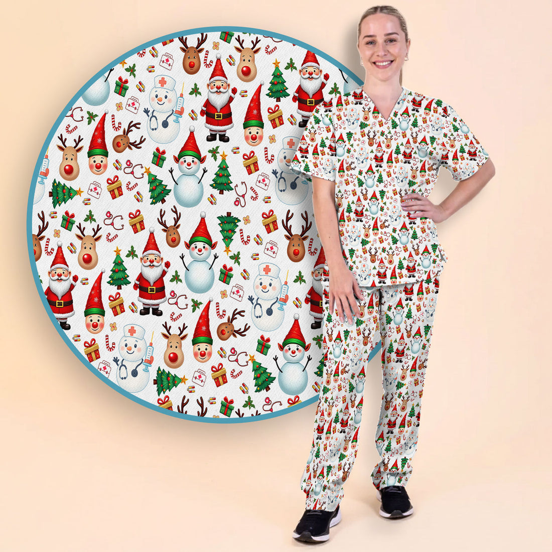Christmas Scrub Set for Nurses - Cute Snowman Reindeer Santa Pattern - Holiday Medical Uniform RN CNA LPN Gift