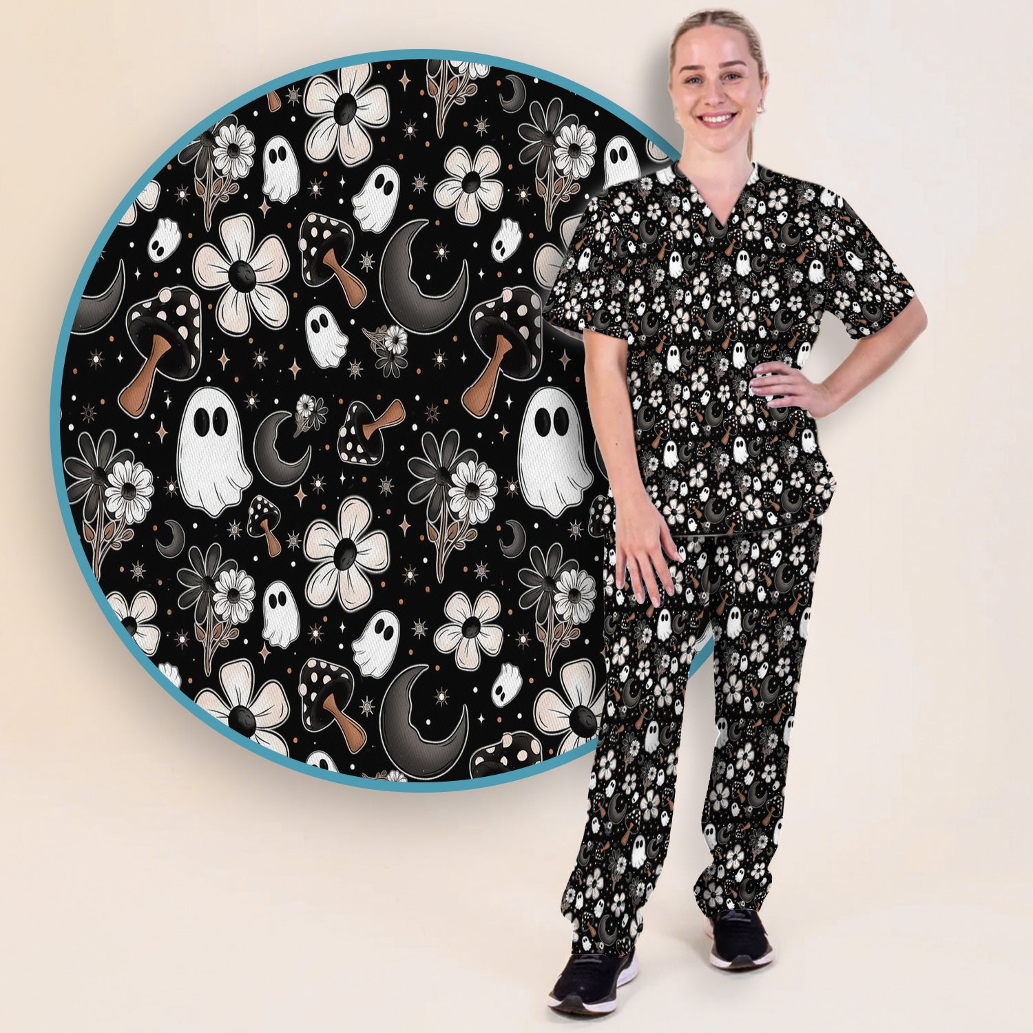 Floral Mushroom Ghost Pattern Scrub Set, Scrub Pants and V Neck Top