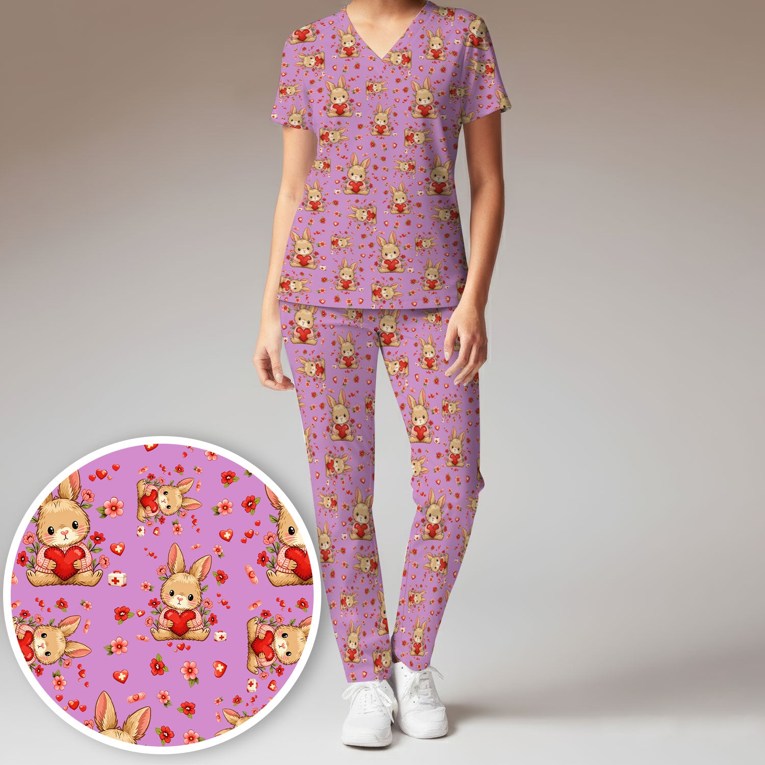 Adorable Bunny Heart Healthcare Design Scrub, Breathable Med Uniform