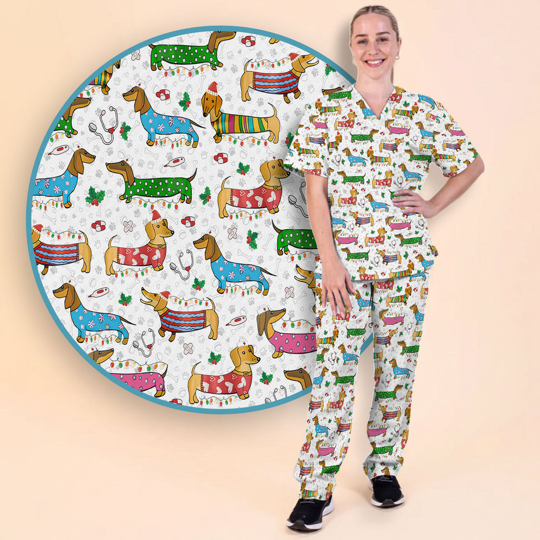 Christmas Scrub Set for Women - Funny Dachshund Scrubs Pants and V Neck Top - Cute Holiday Medical Uniform Gift for RN LPN CNA