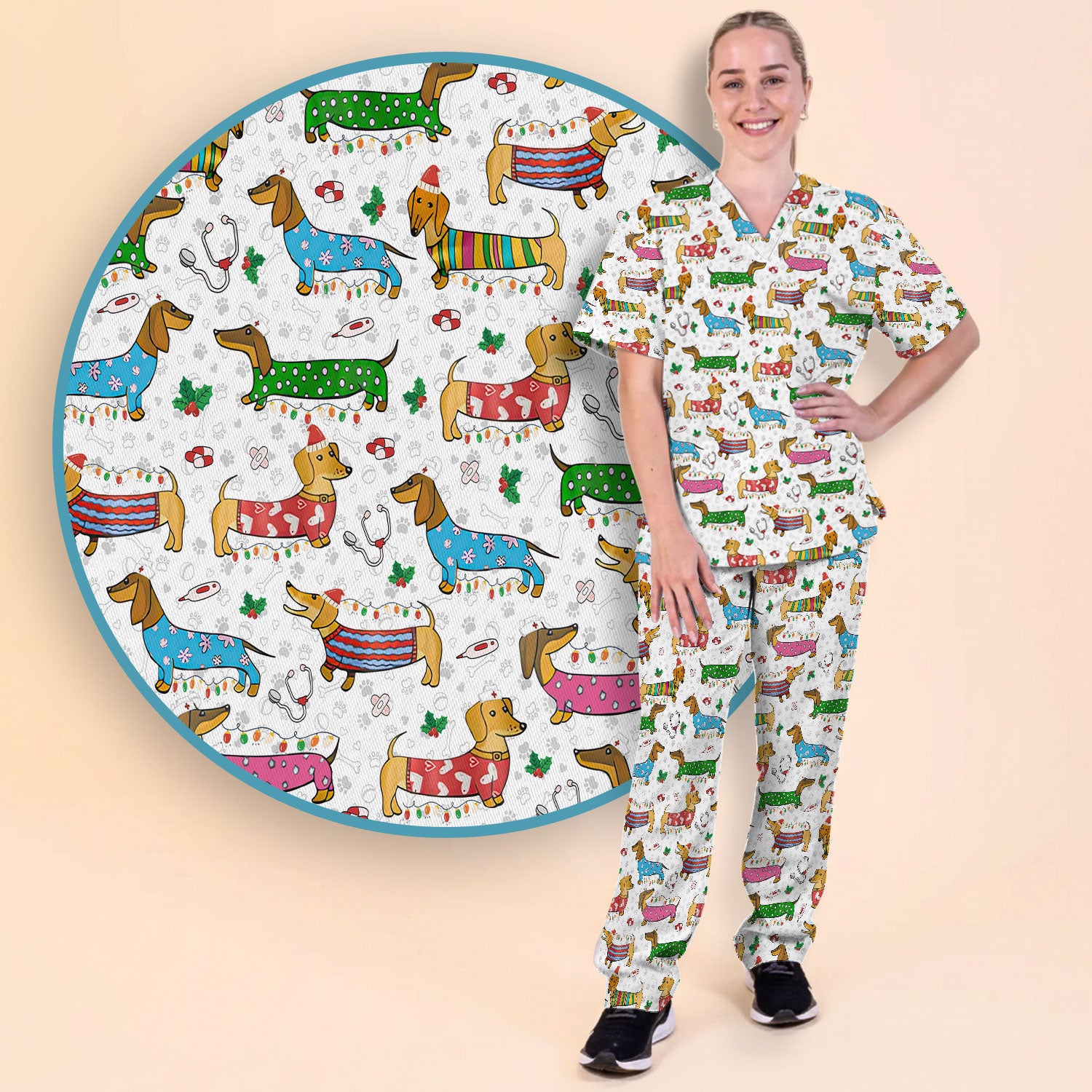 Christmas Scrub Set for Women - Funny Dachshund Scrubs Pants and V Neck Top - Cute Holiday Medical Uniform Gift for RN LPN CNA
