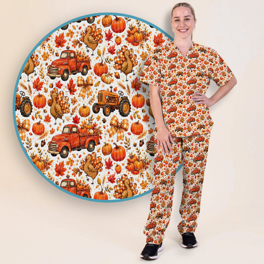 Thanksgiving Turkey And Vintage Truck Scrub Set, Scrub Pants and V Neck Top