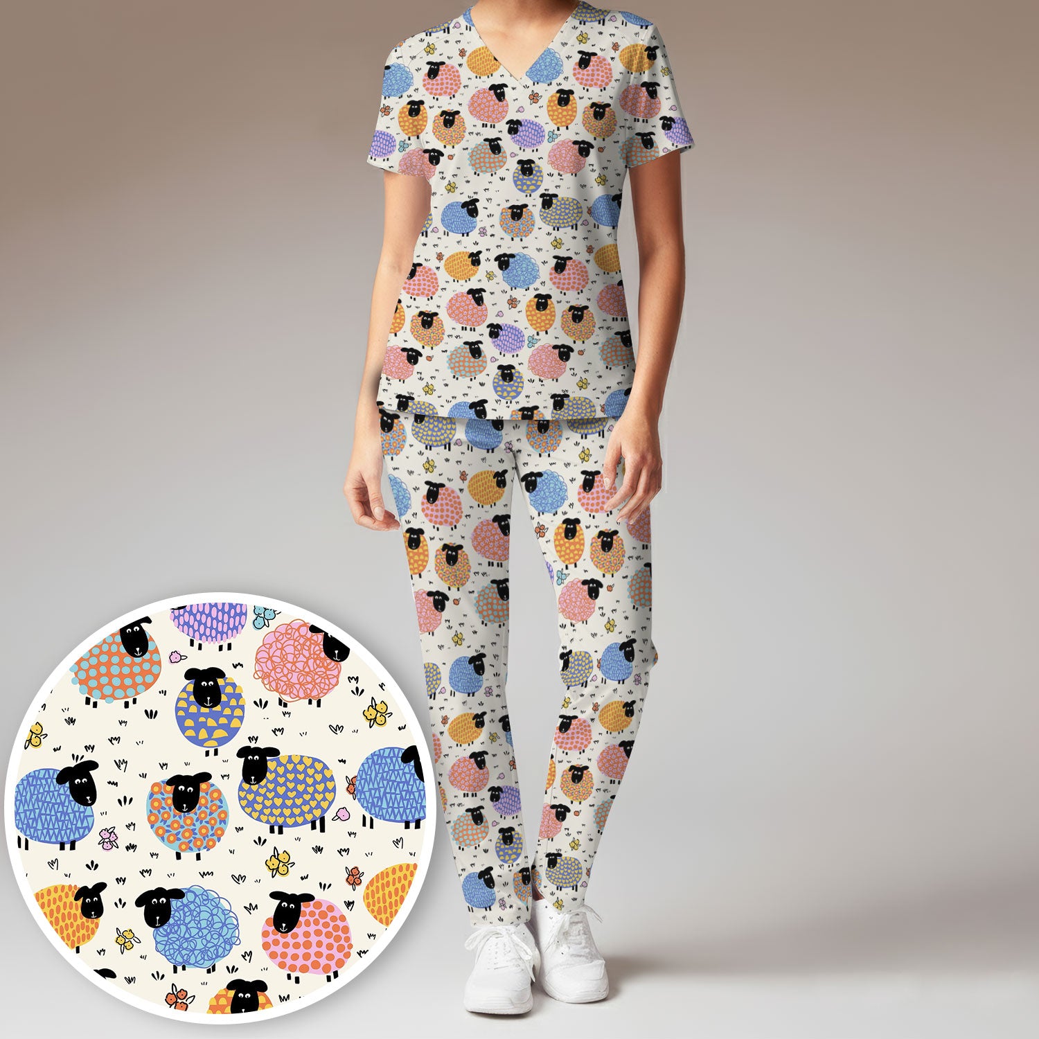 Adorable Colorful Sheep Pattern Scrubs Sets, Breathable Med Uniform