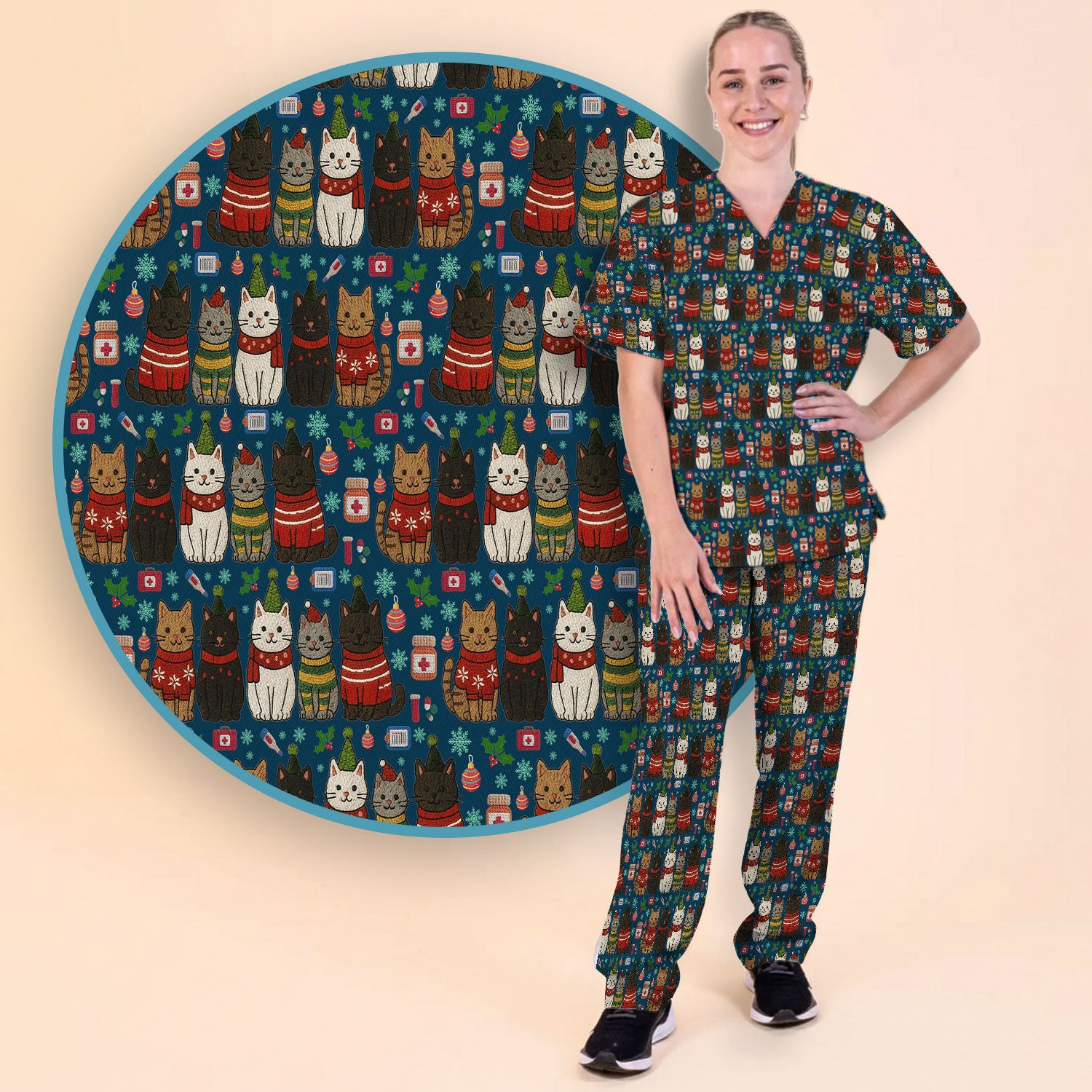 Christmas Cat Scrub Set, Festive Holiday Scrubs With Top And Pants, Cute Cat Lover Medical Uniform For Nurses And Doctors