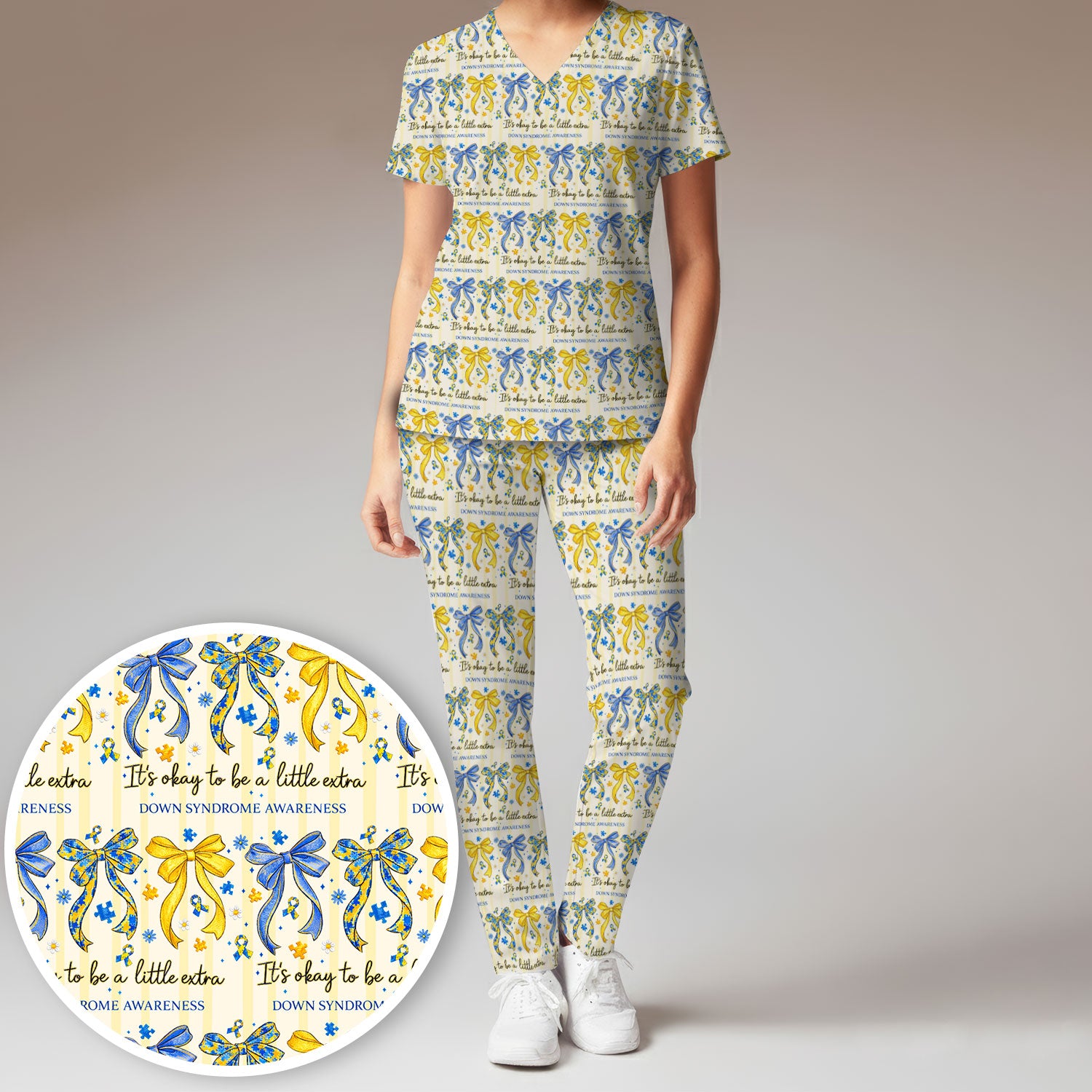 Down Syndrome Awareness Ribbon Pattern Scrub Set, Scrub Pants and V Neck Top