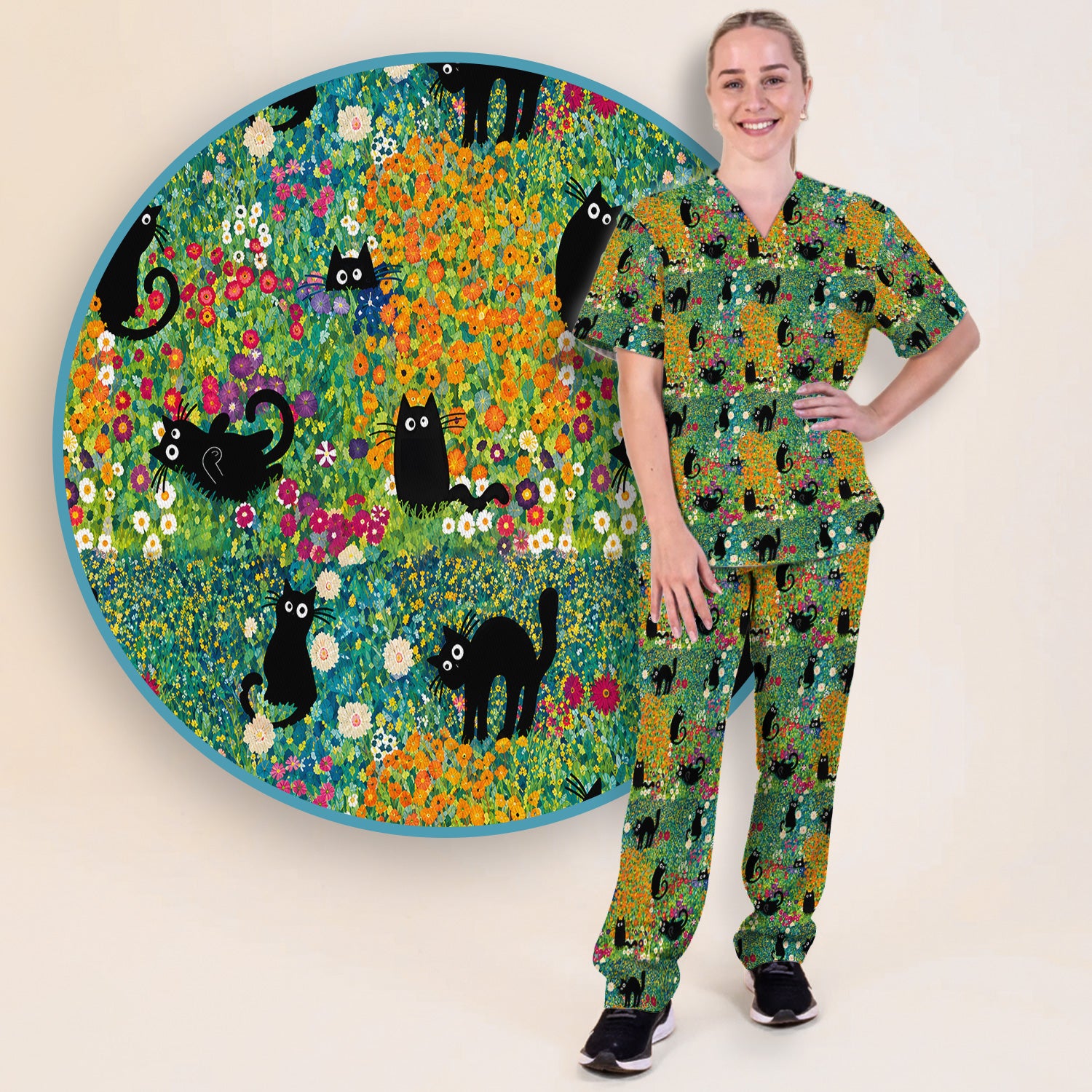 Black Cat Flower Garden Pattern Scrub Set, Scrub Pants and V Neck Top