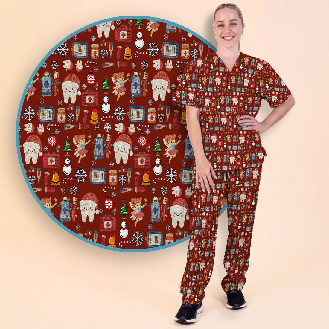 Christmas Dental Scrub Set - Cute Santa Tooth & Snowman Scrubs Pants and V Neck Top - Funny Holiday Gift for Dentists, Hygienists