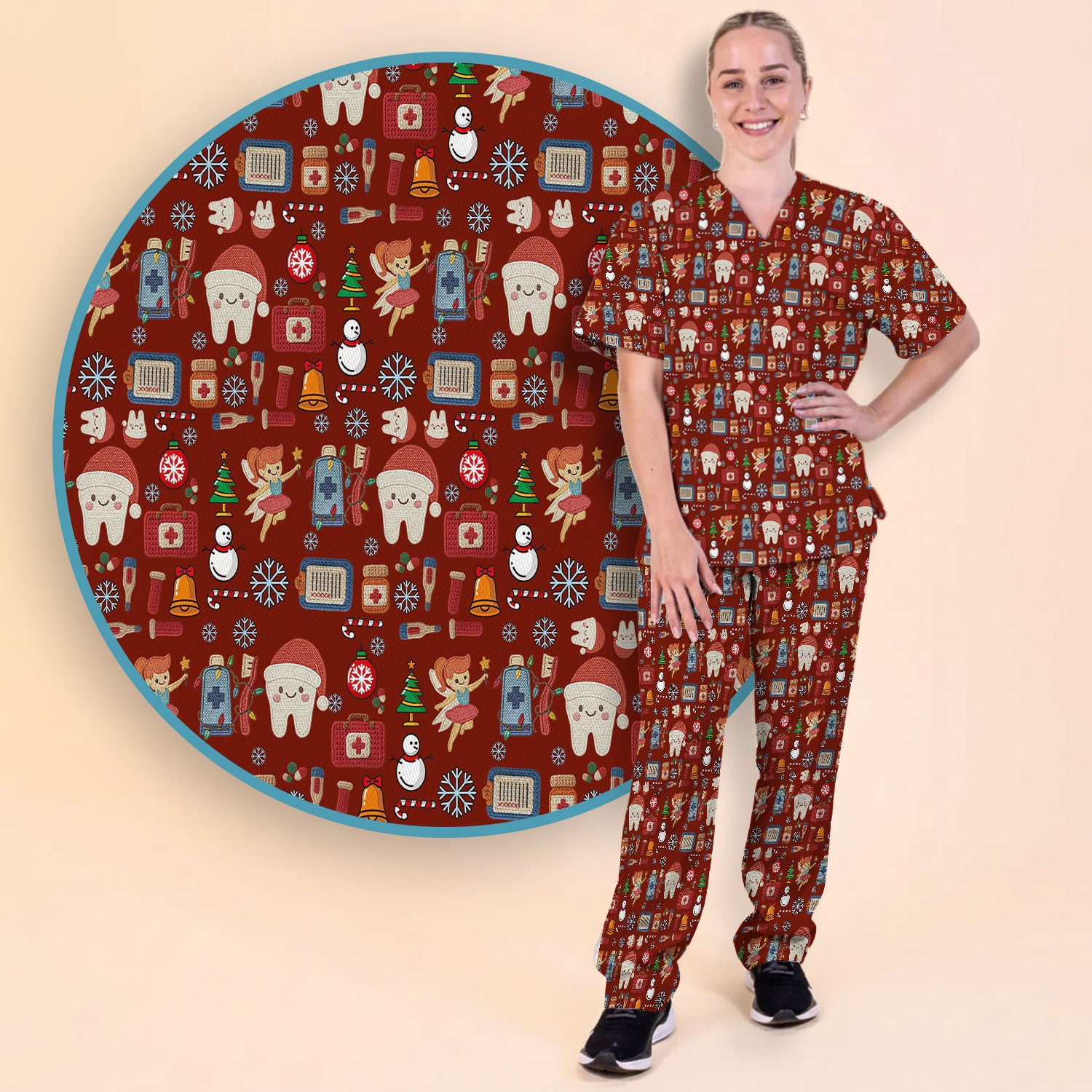 Christmas Dental Scrub Set - Cute Santa Tooth & Snowman Scrubs Pants and V Neck Top - Funny Holiday Gift for Dentists, Hygienists