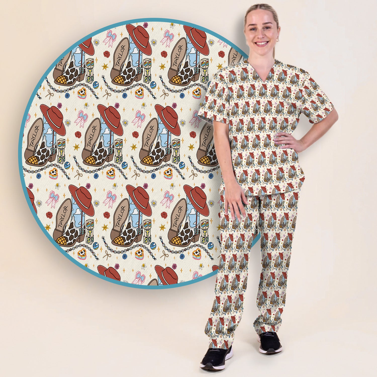 Western Cowgirl Country Medical Pattern Scrub Set, Scrub Pants and V Neck Top